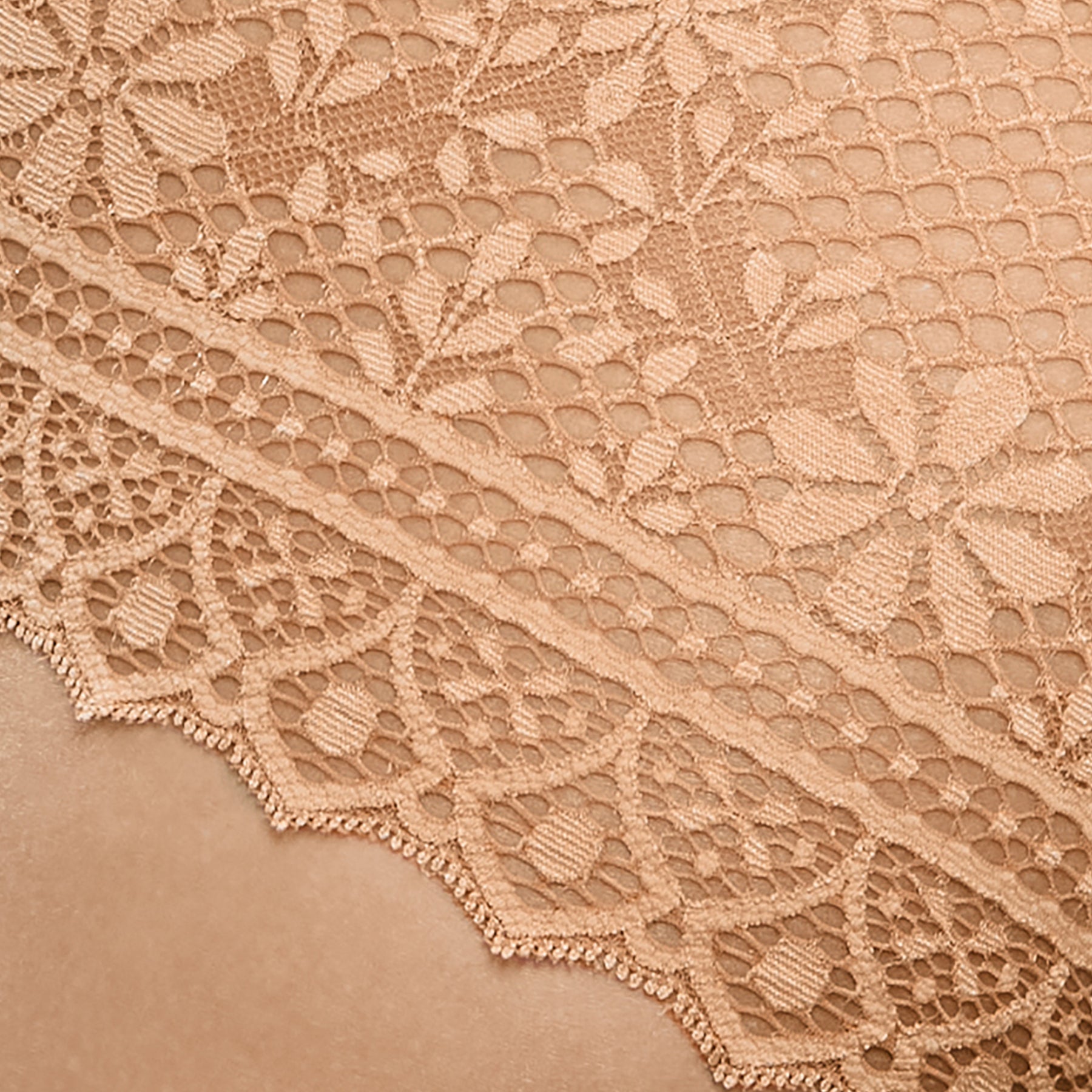 Close-up of the Empreinte Cassiopée Gold lace, highlighting geometric openwork patterns, floral motifs, and scalloped edges inspired by fine French lingerie craftsmanship.