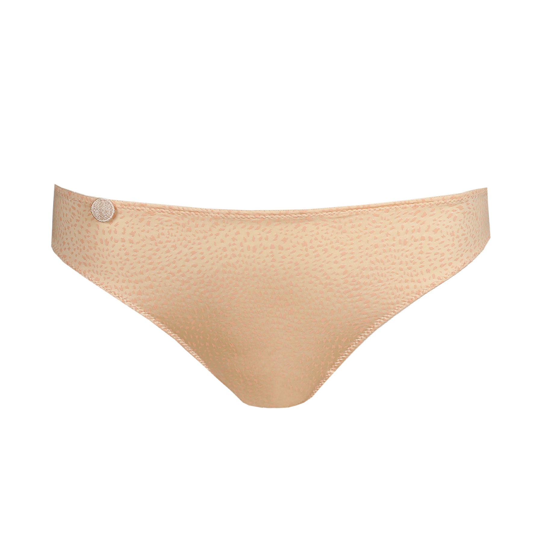 Peach bikini underwear with minimal seams and soft stretch fabric on white background