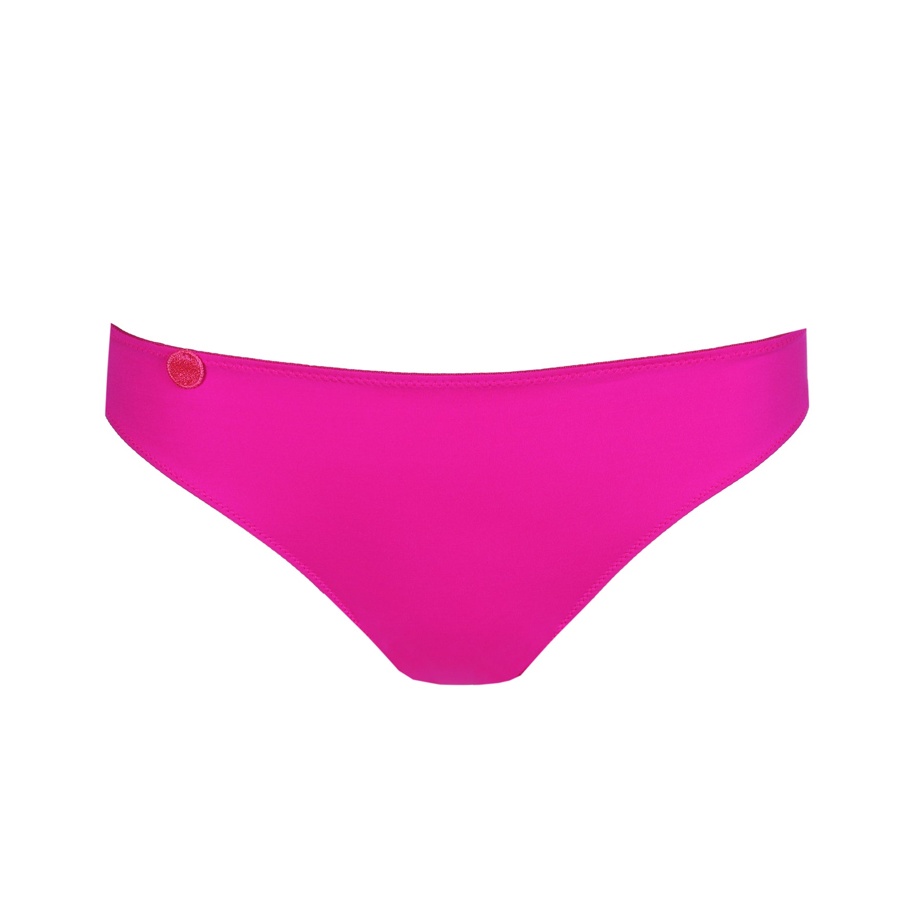 Fuchsia pink bikini brief with smooth finish and minimal seams, shown flat on a white background.