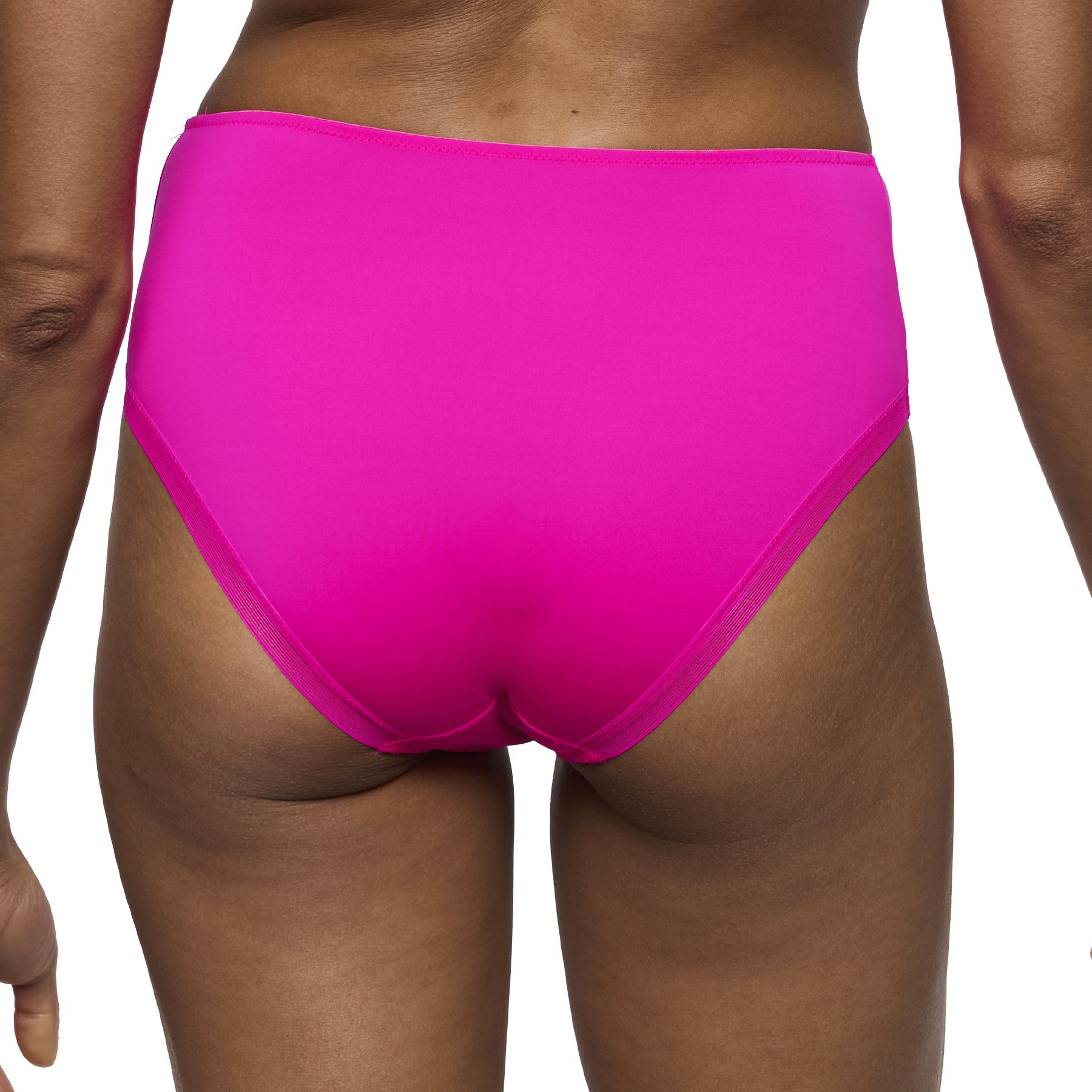 Back view of influencer pink high-waist brief showing smooth coverage and clean finished edges