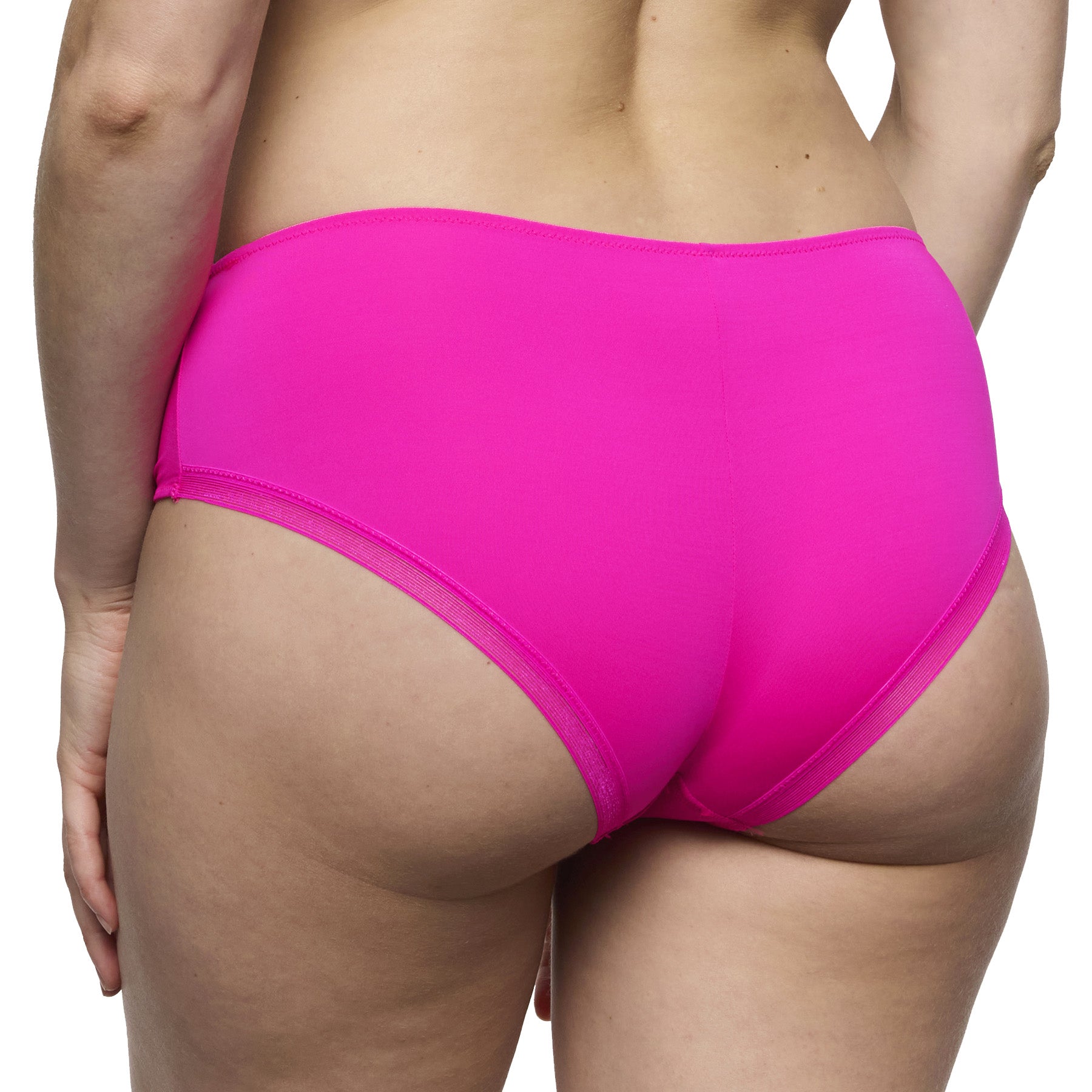 Back close-up of influencer pink hipster brief showing smooth leg openings and clean finish
