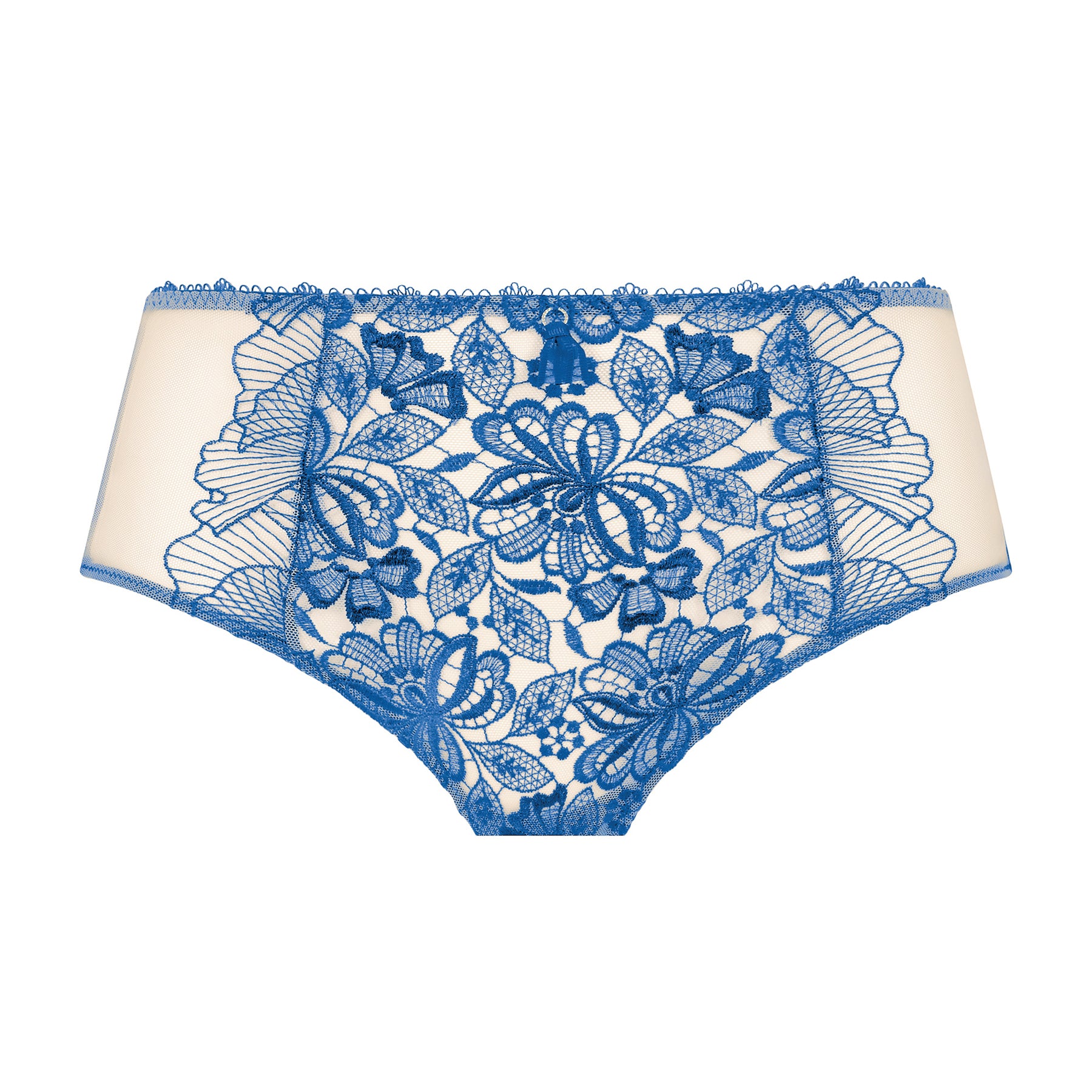 Agathe full brief in Bleu Lazuli featuring detailed floral embroidery on sheer nude tulle with soft side panels.