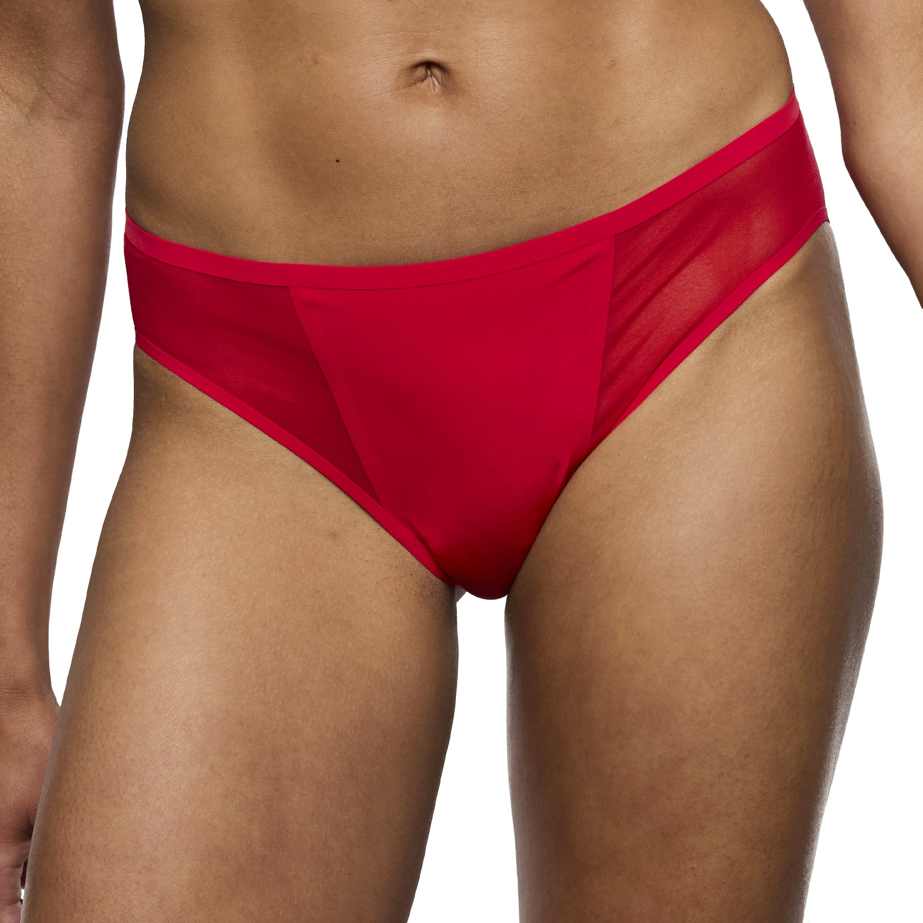 Red bikini bottom worn by a person on a white background