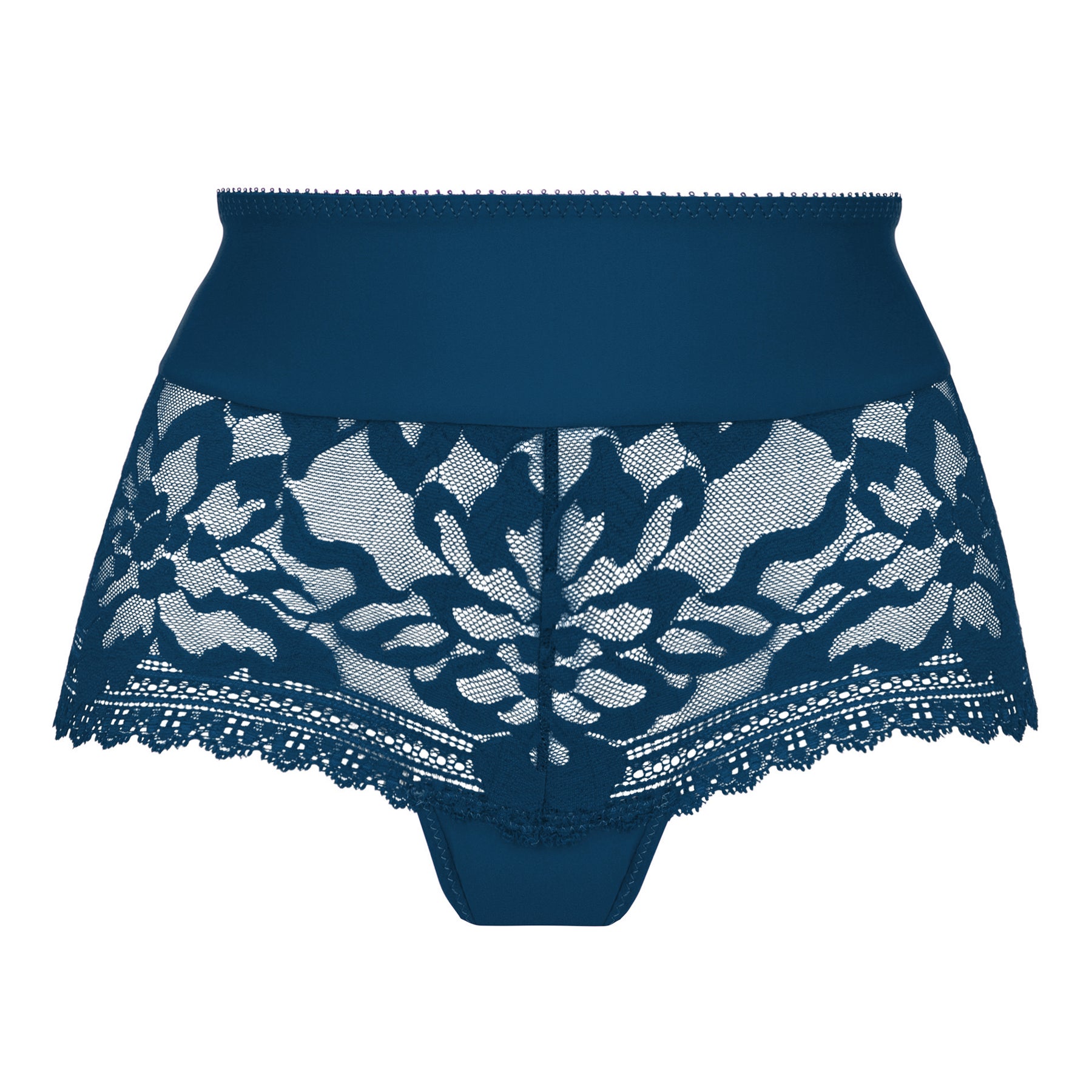 Flat front view of a teal blue high-waisted brief by Empreinte, featuring sheer floral lace and scalloped trim.