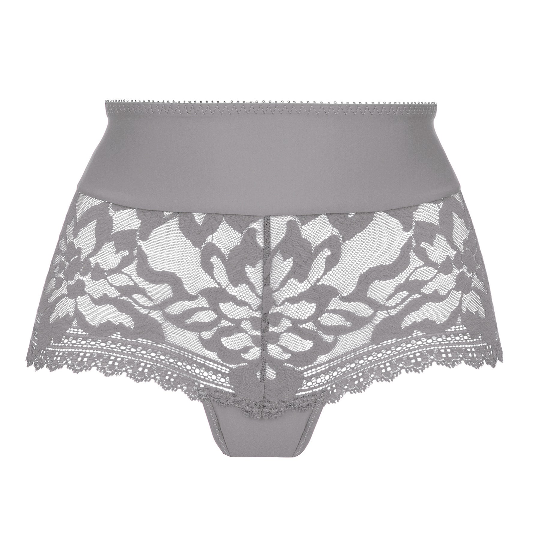 Flat lay front view of the Empreinte Leia full brief in Platinum showcasing a high-rise waistband, luxurious floral lace, sheer mesh construction, full coverage design, and delicate scalloped lace trim.