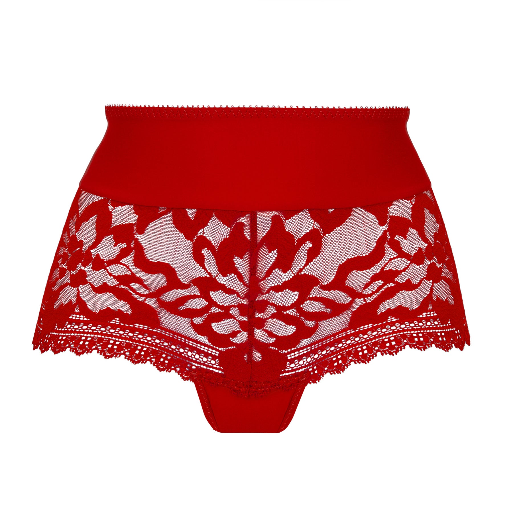 Red lace high-waist brief front view with soft waistband and floral detailing