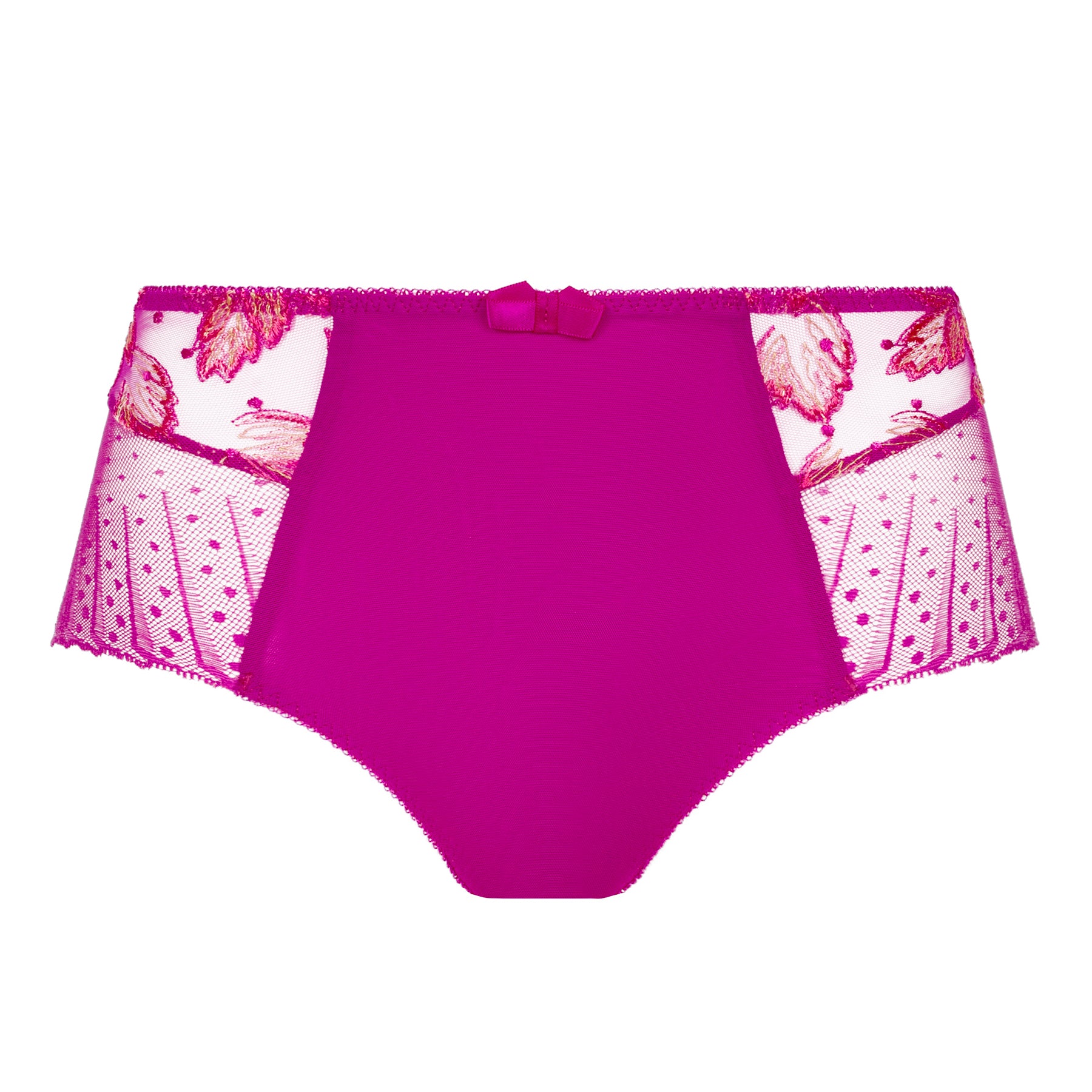 Back view of magenta lingerie set showing smooth bra band and sheer dotted full brief.