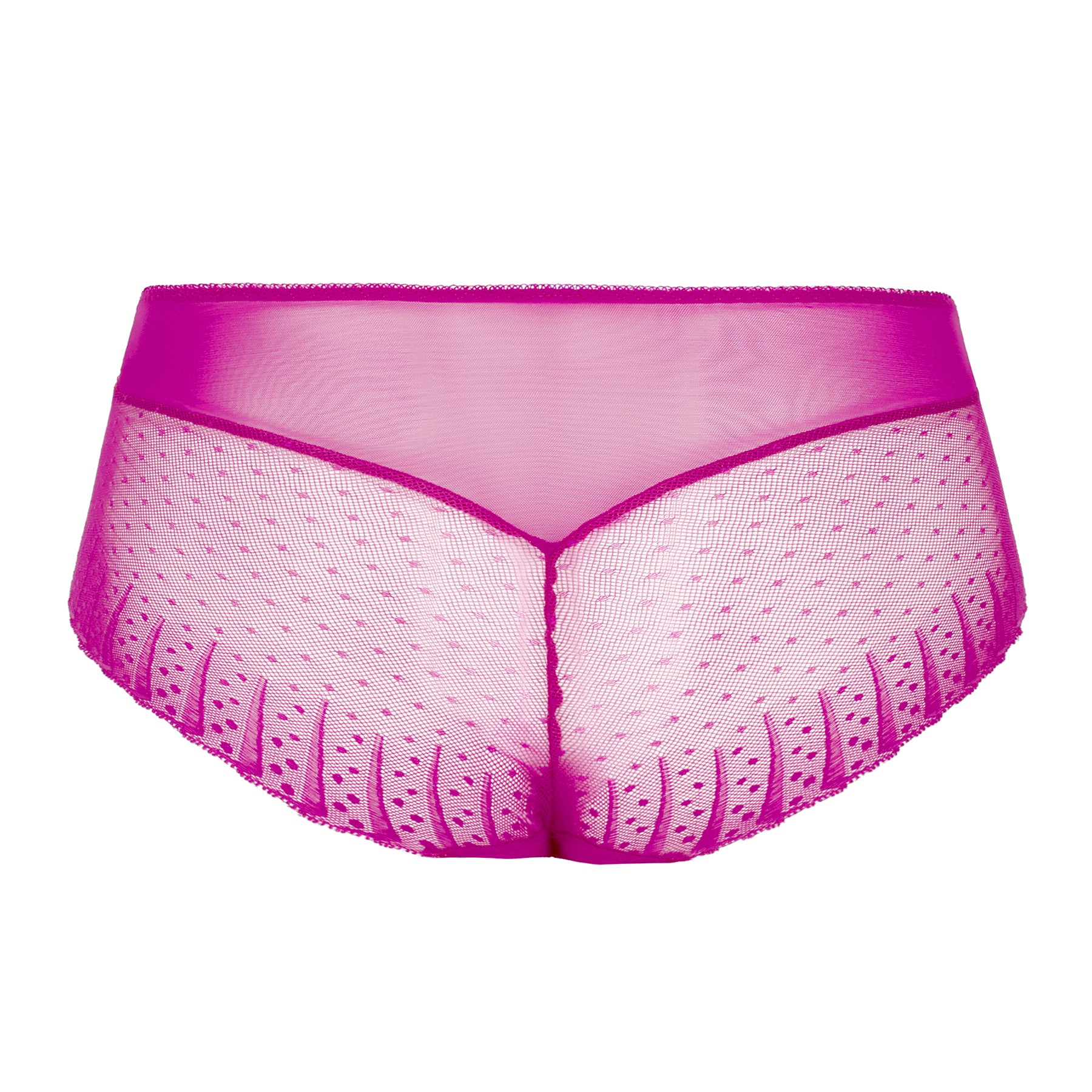 Flat lay of magenta full brief featuring sheer mesh panels with floral embroidery and satin bow.
