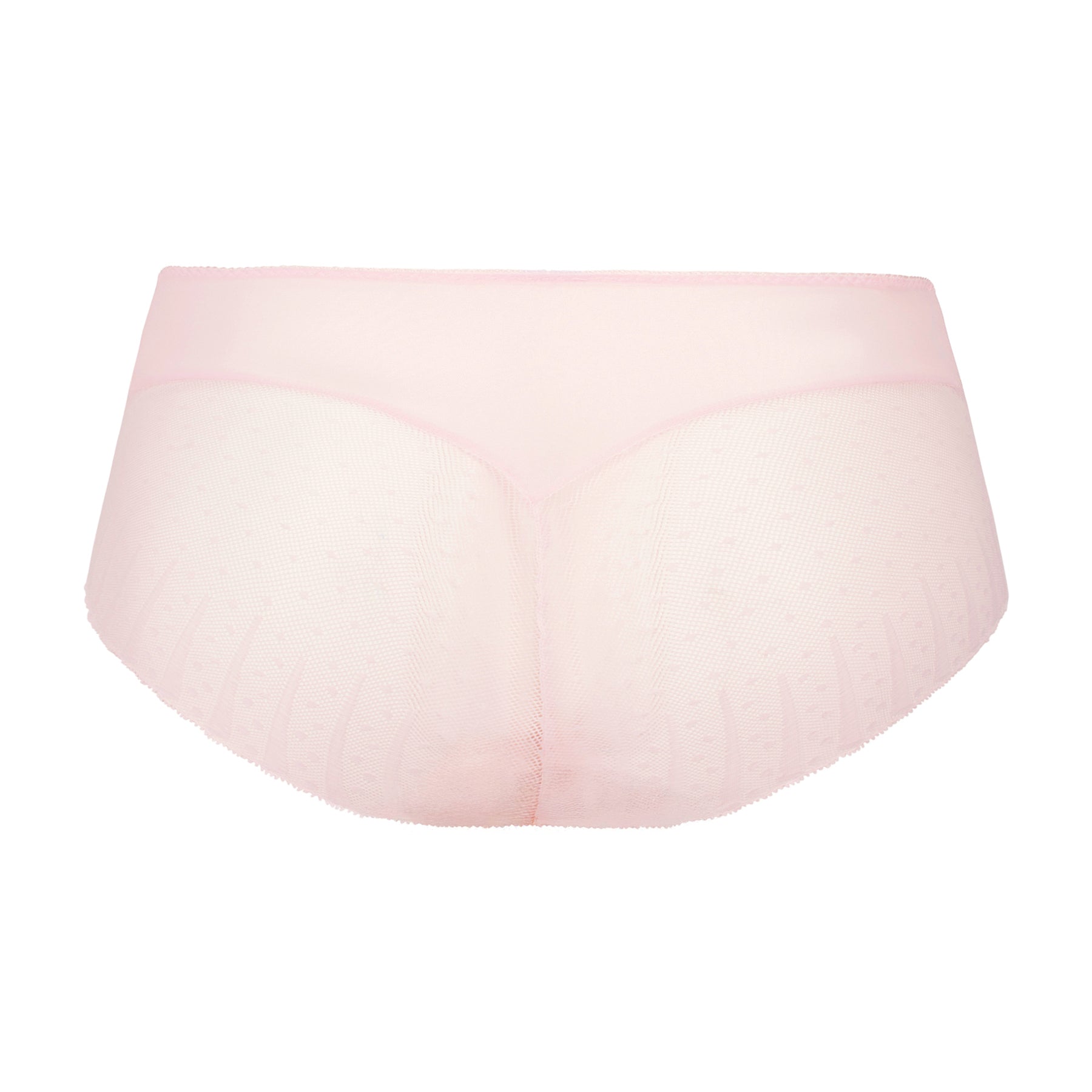 Back view of blush pink high-waist briefs with soft mesh fabric and semi-sheer lace back panels.