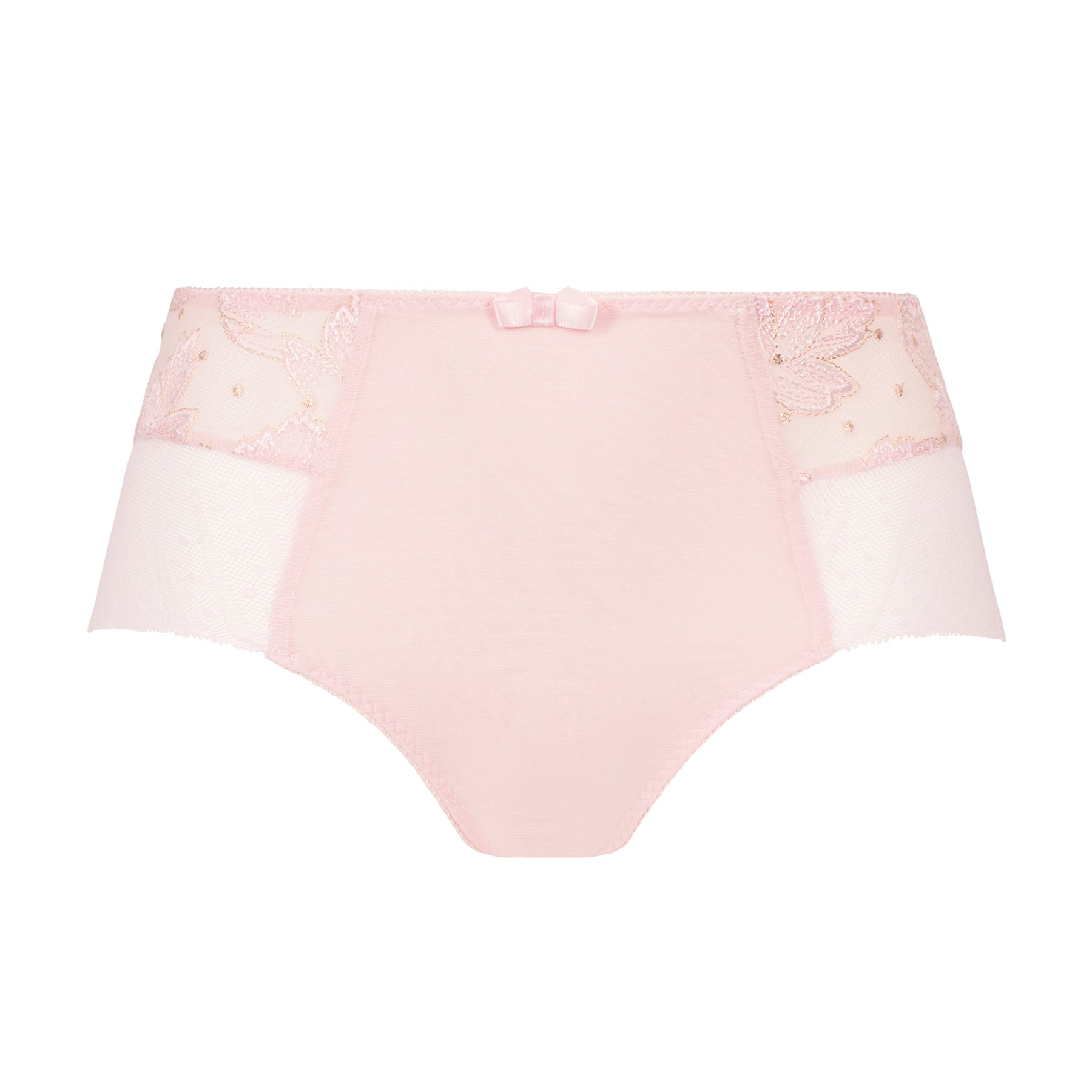 Front view of blush pink high-waist underwear with smooth front panel, sheer mesh sides, and floral embroidery.