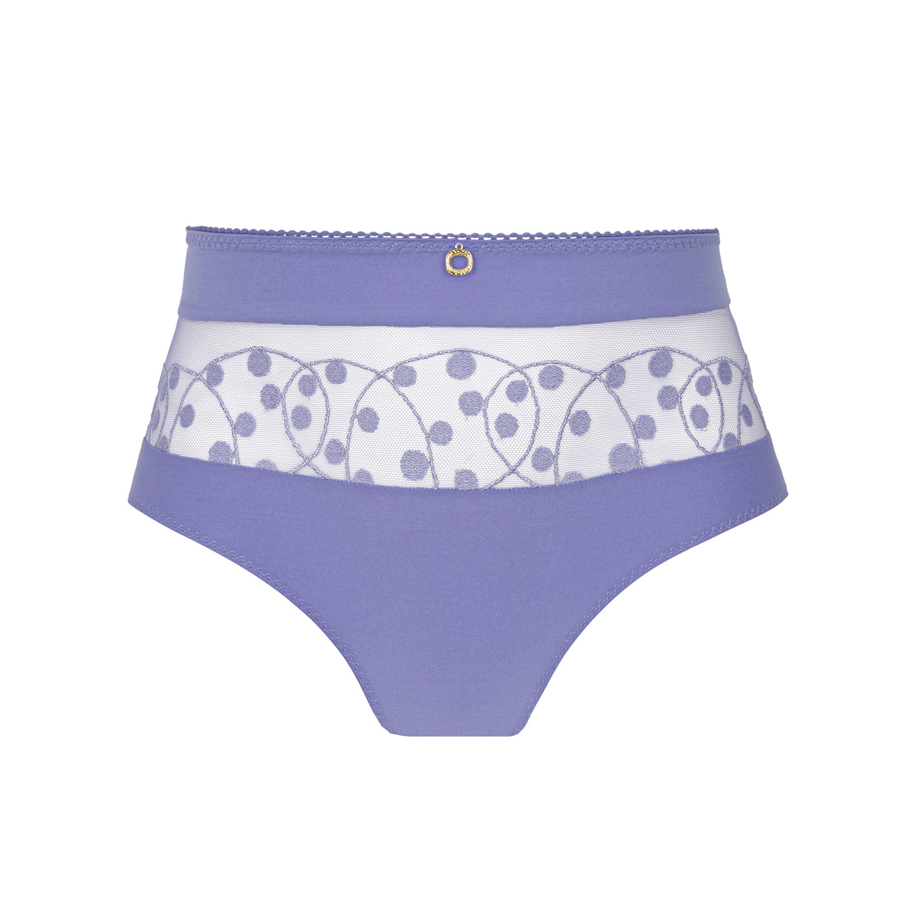 A pair of lavender high-waisted panties featuring sheer mesh paneling with embroidered polka dot details and a delicate charm at the waistband.