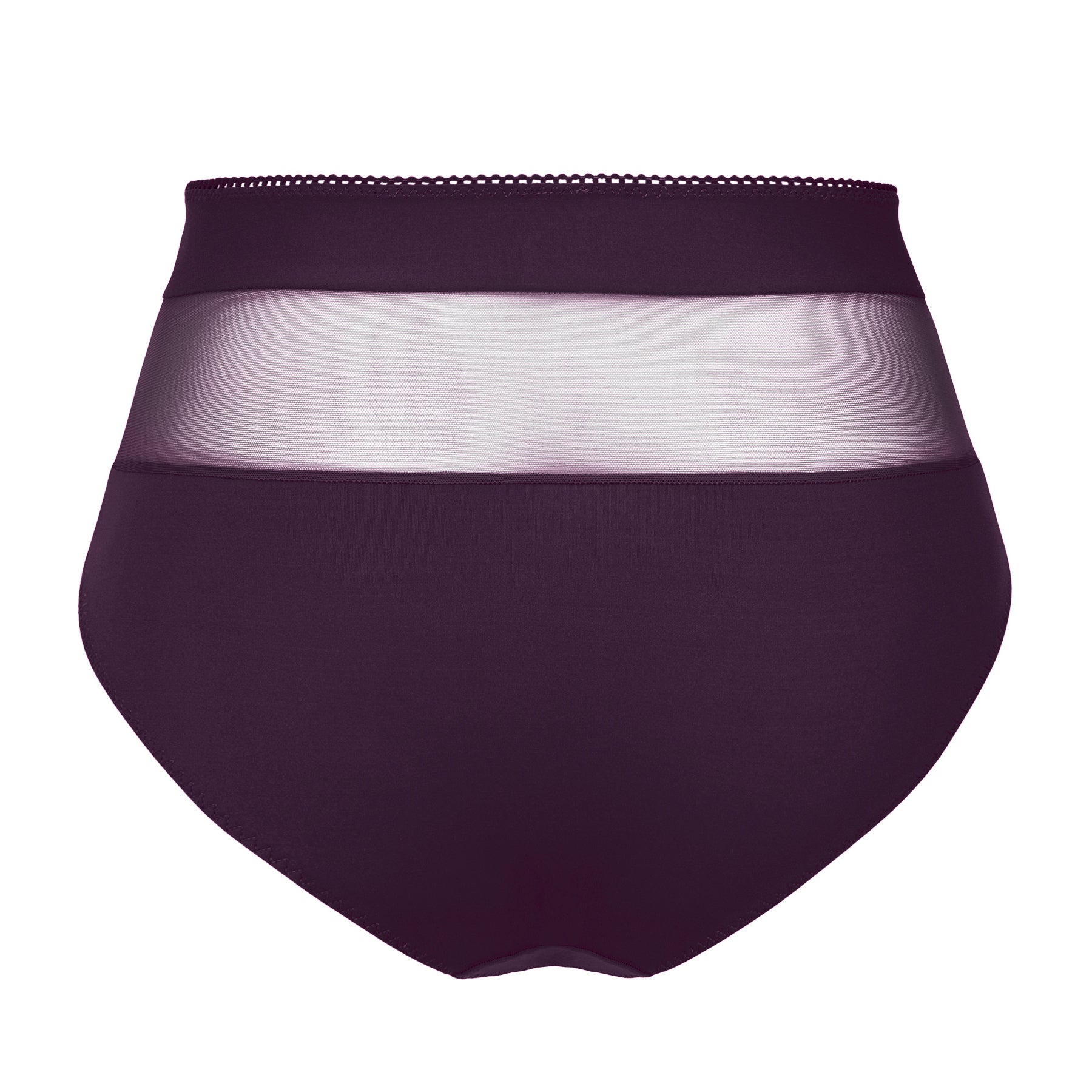 Back view of amethyst purple high-waist panties with a sheer mesh waistband and smooth full-coverage fabric.