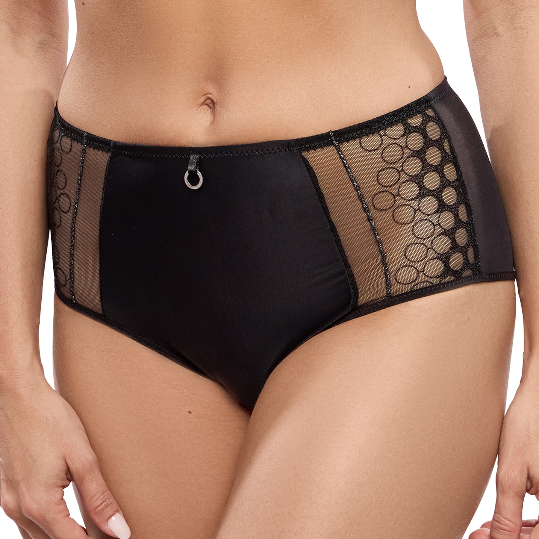 Empreinte Infinity full brief in black featuring sheer embroidered side panels, soft opaque front, and signature ring detail.