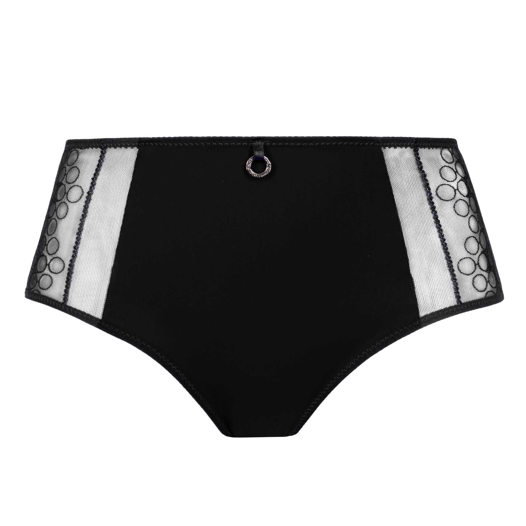 Front view of black Empreinte Infinity full brief with delicate lace inserts, transparent mesh accents, and elegant high-rise fit.