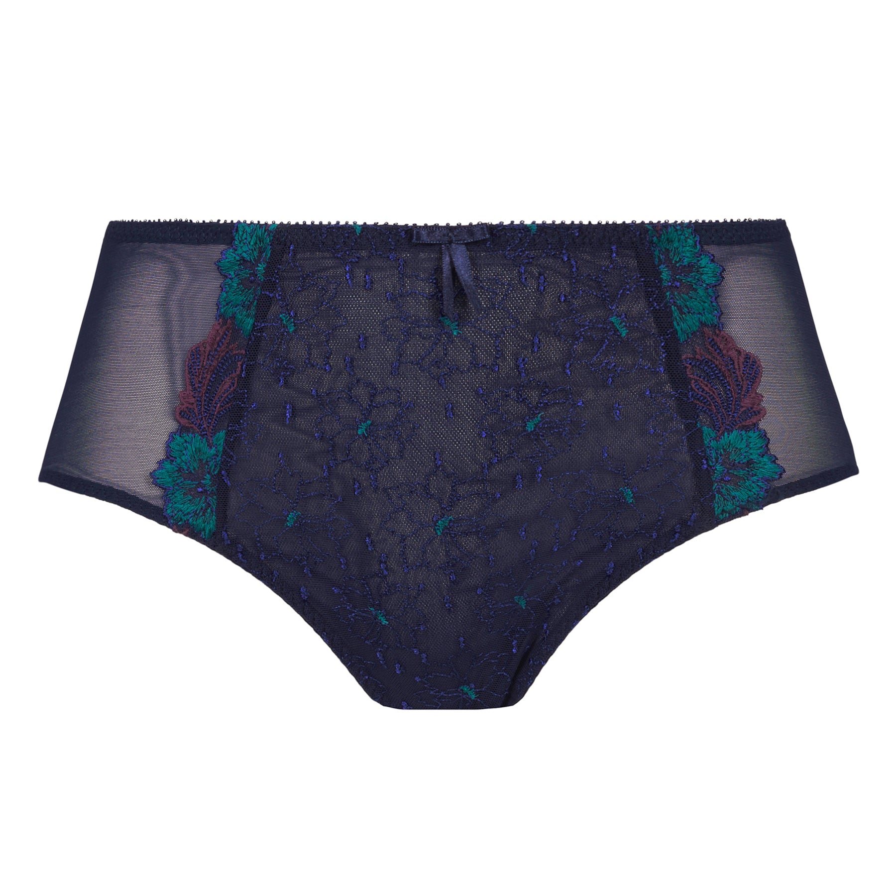 Front product view of the Empreinte Clea High-Waist Brief in Mystic Blue with sheer panels and teal and purple floral embroidery.