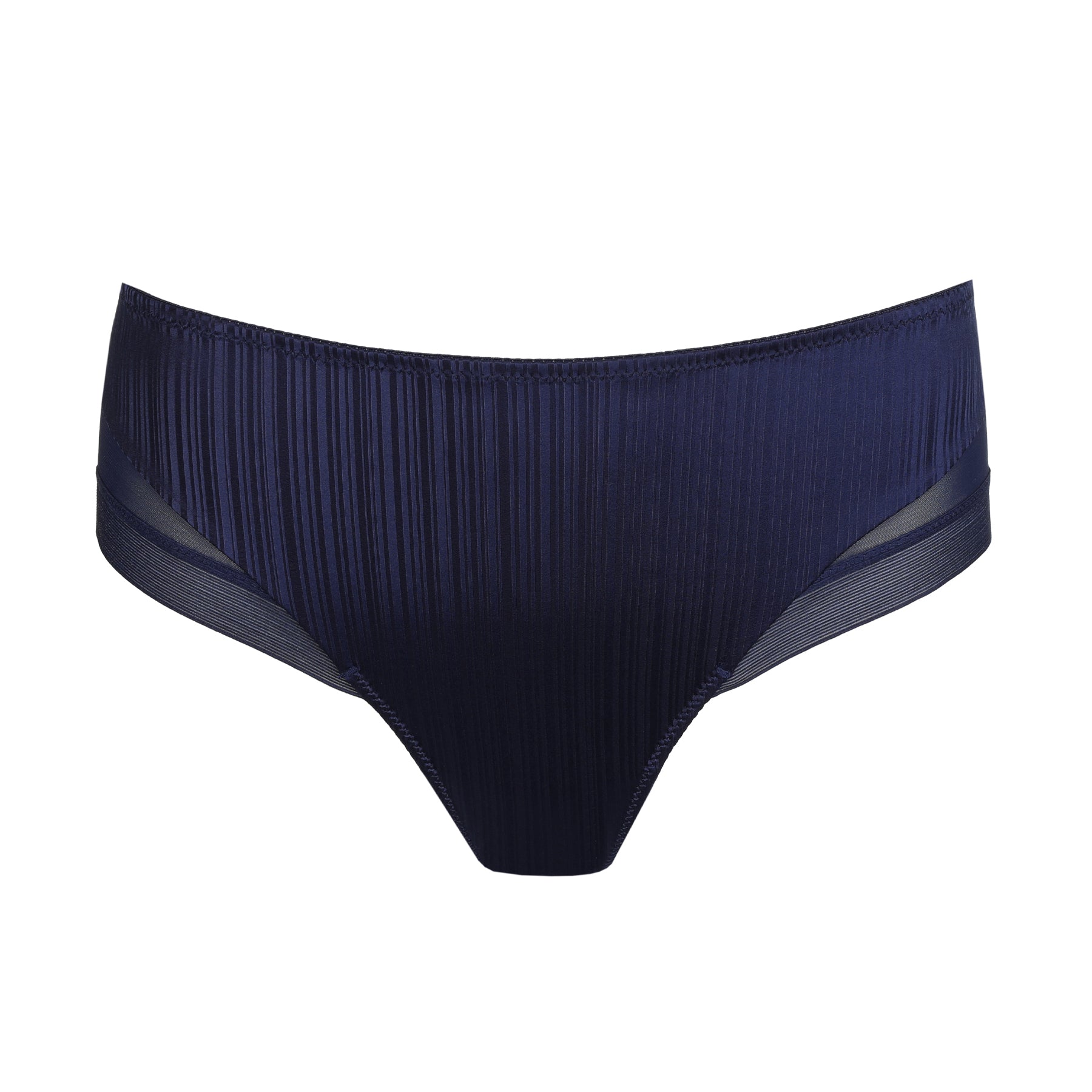 Sapphire blue panties with pleated satin fabric and sheer mesh side details, front view.