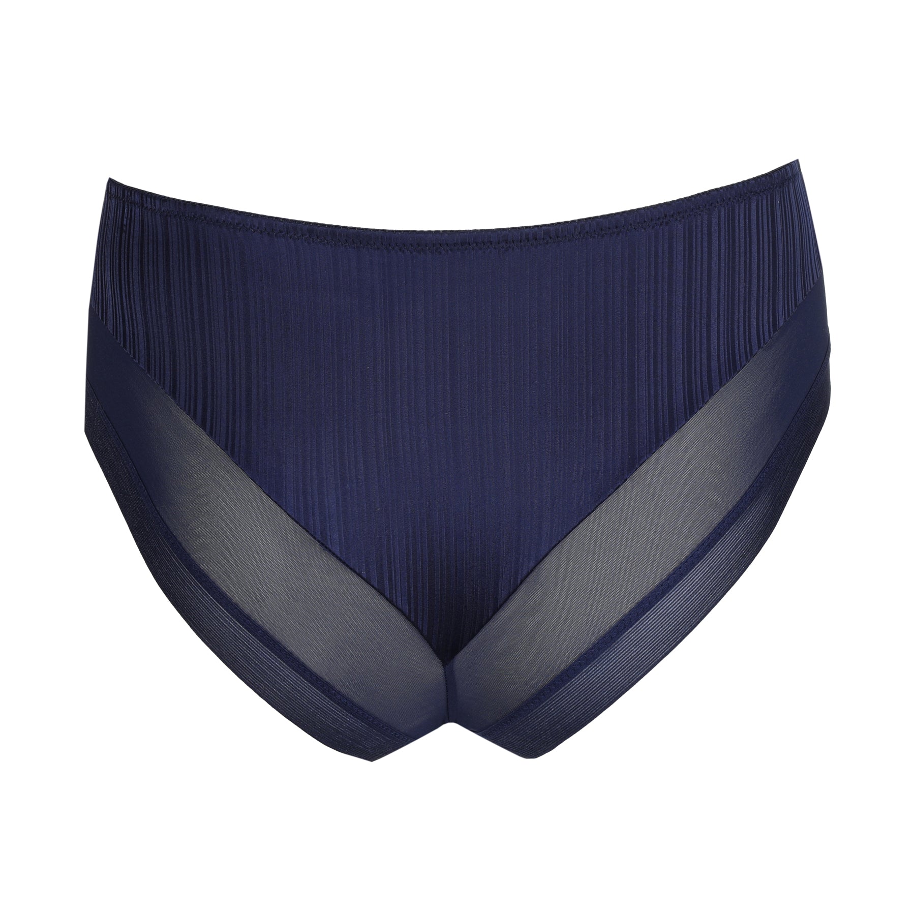 Back view of sapphire blue panties with pleated satin fabric and sheer mesh panel accents.