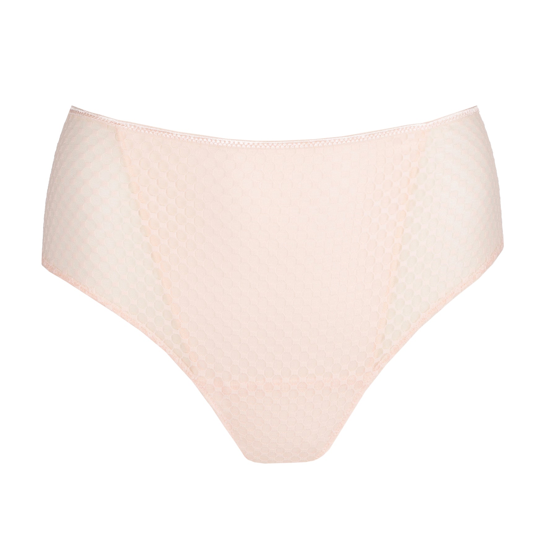 Studio image of blush pink full brief with opaque centre and sheer side mesh panels.
