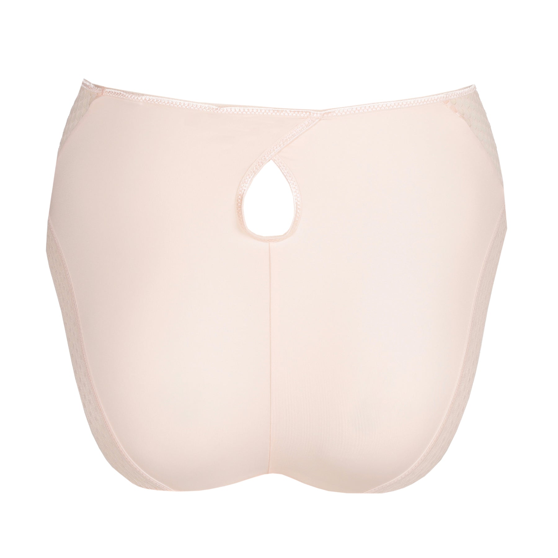 Studio image of blush pink full brief showing smooth back with a delicate keyhole detail at the waistband.