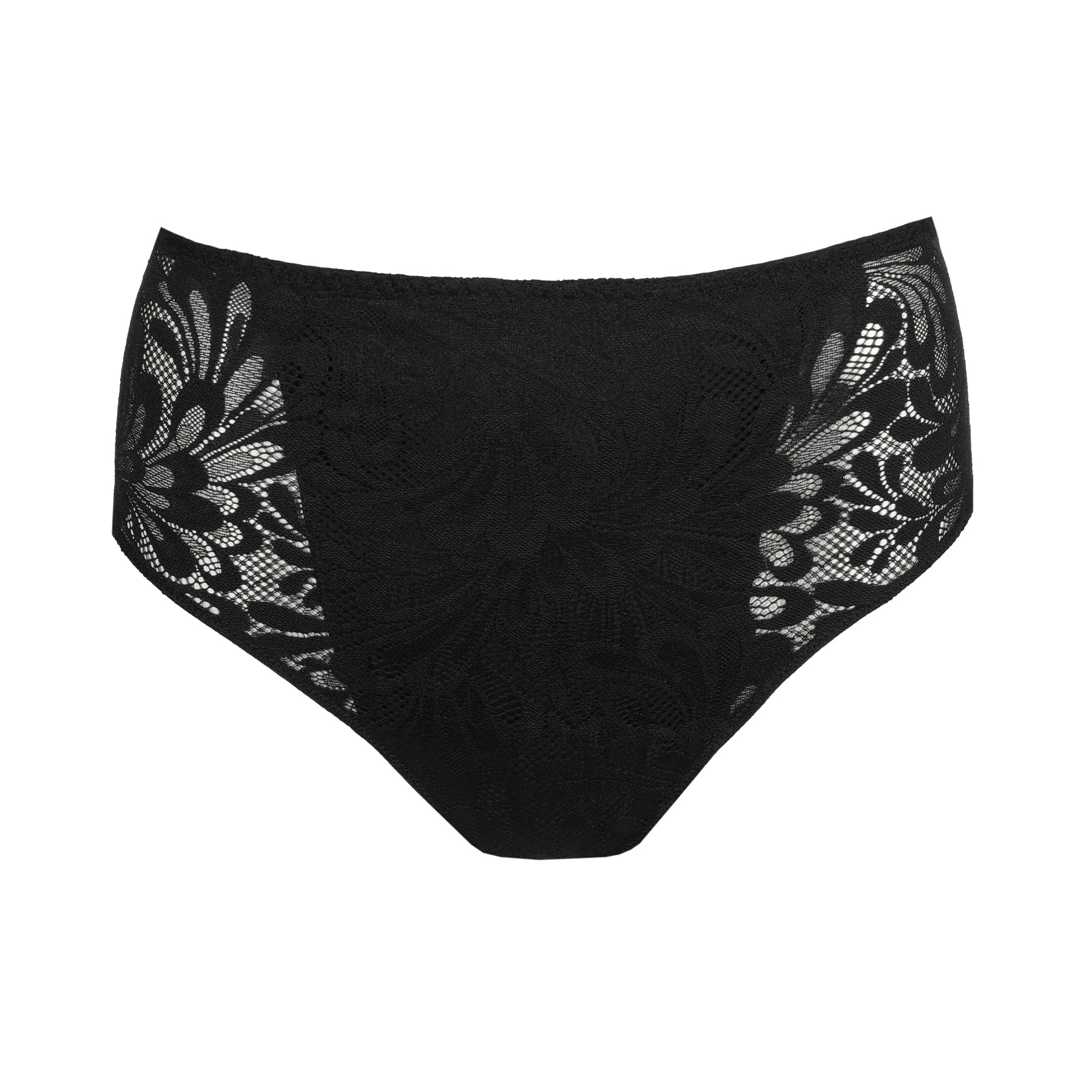 Black high-waist lace brief with floral lace detailing, front view.