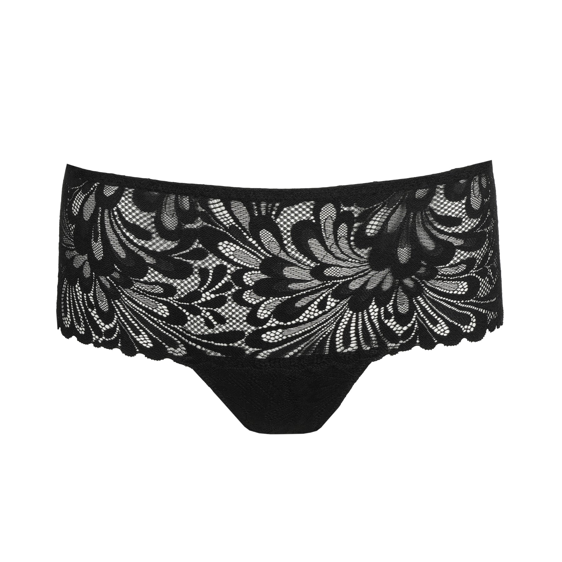 Front view of black lace panties with sheer floral design and scalloped trim