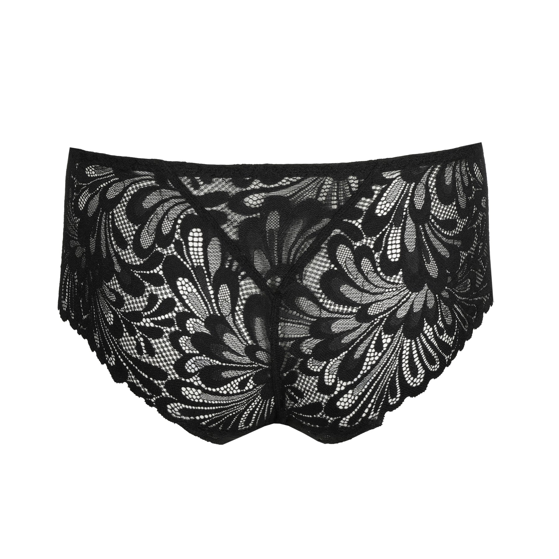 Back view of black lace panties with full floral lace pattern and scalloped hem
