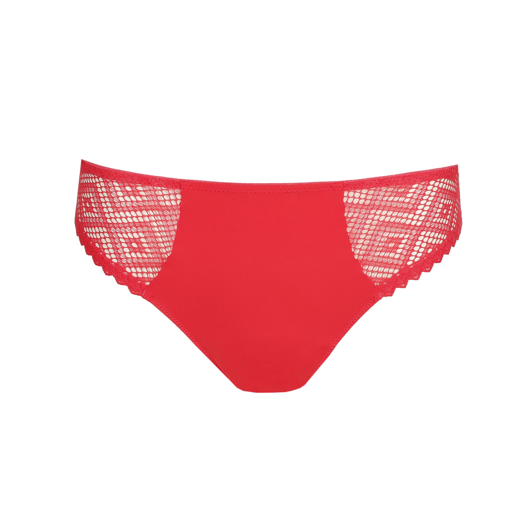 Coral mid-rise brief on white background with smooth front panel and geometric lace side inserts.