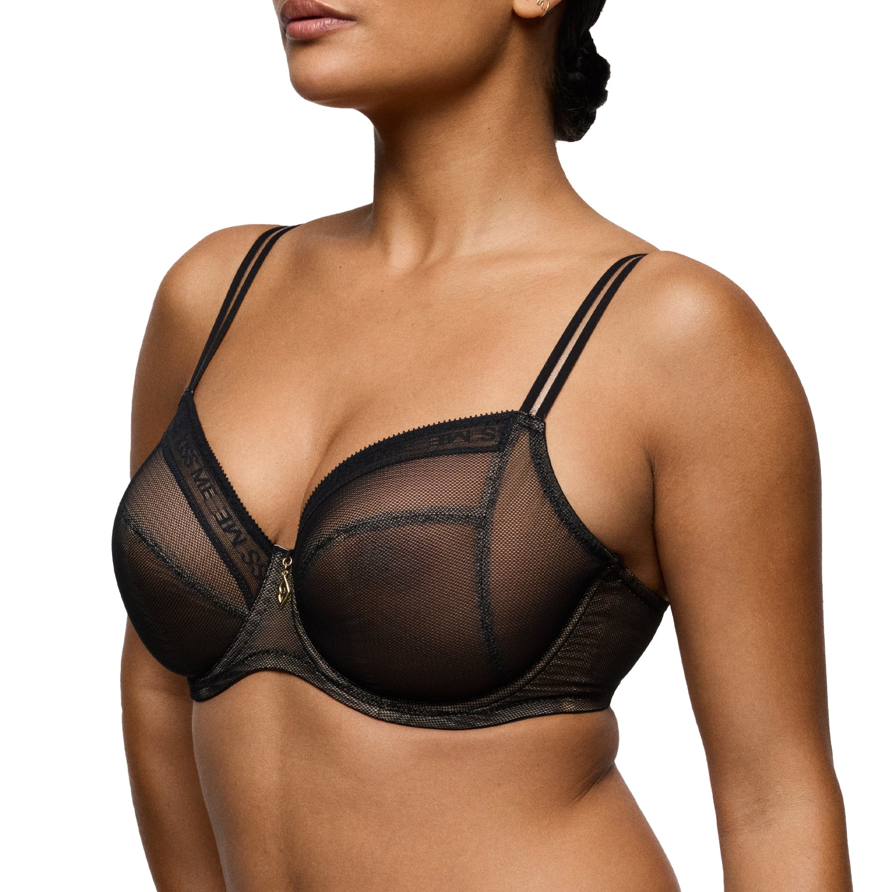 Angled front view of the black underwired bra showcasing the supportive mesh construction and modern minimalist design.
