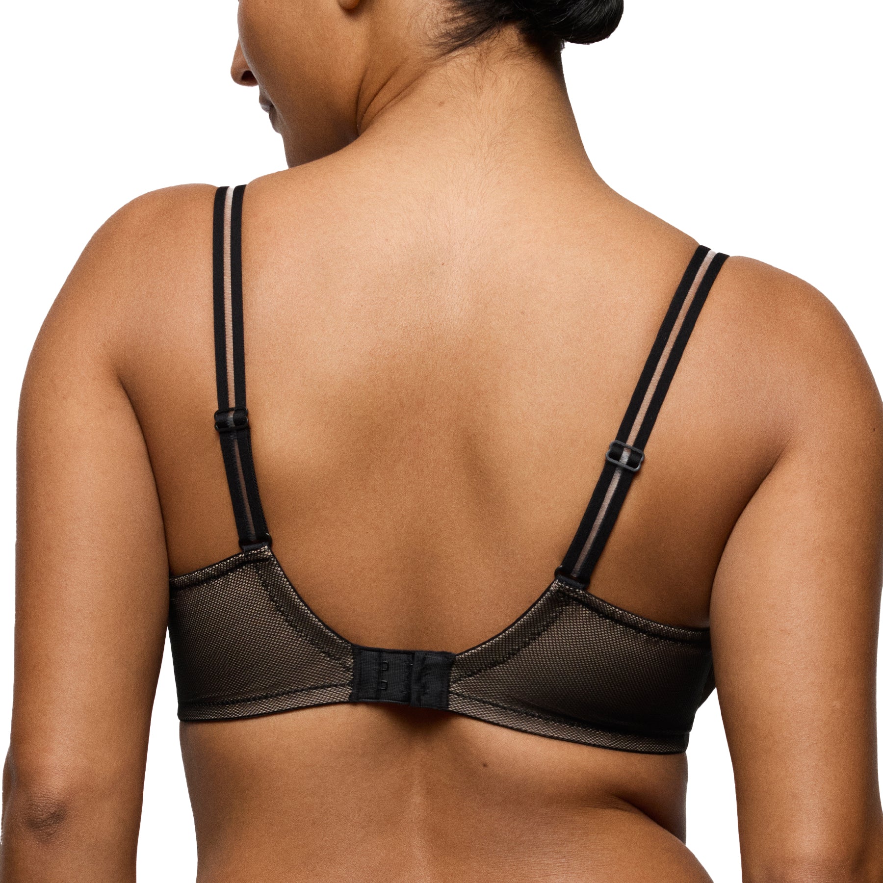 Side view of the black mesh bra showing the smooth cup shape, underwire support, and double shoulder straps.