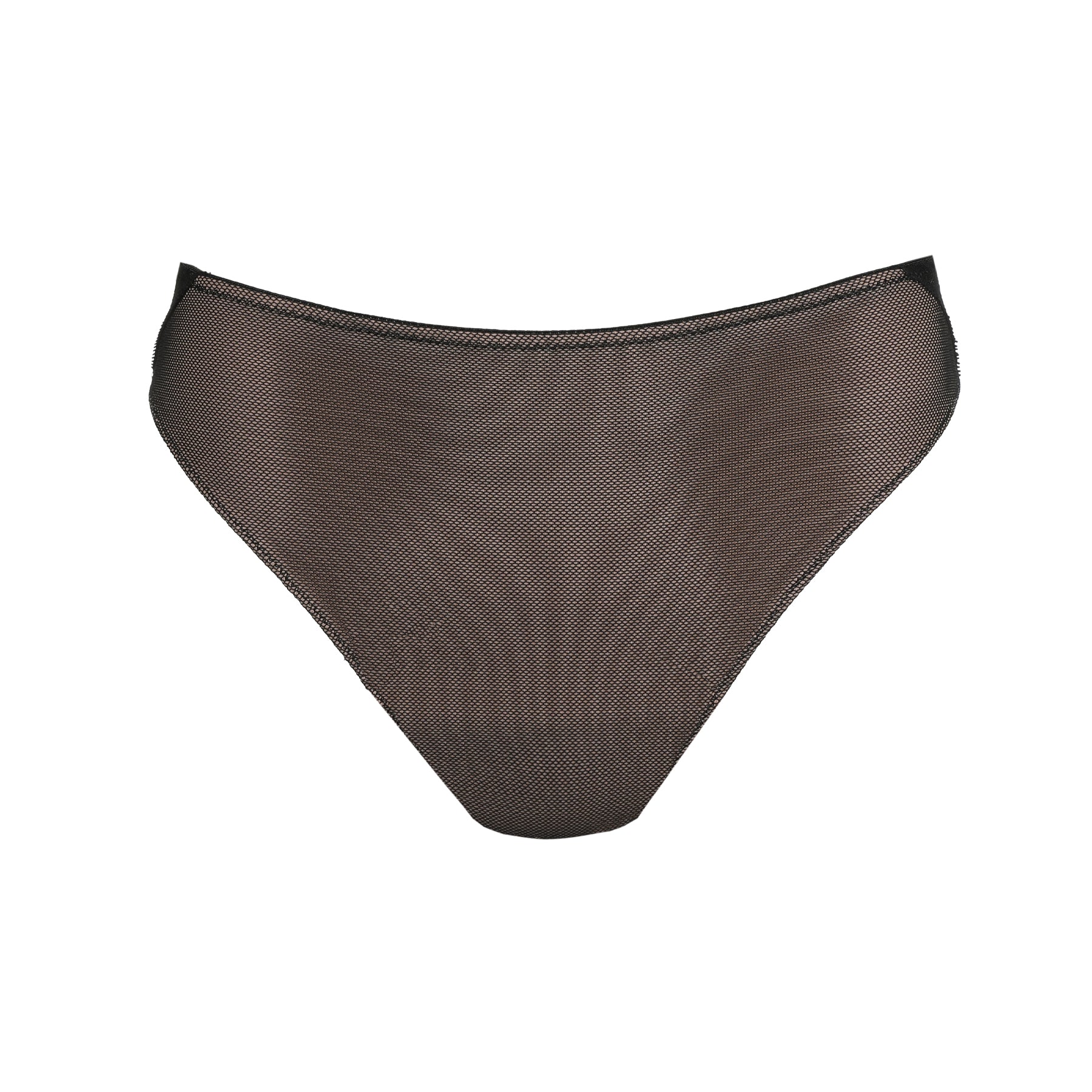 Front view of black mesh bikini briefs featuring a semi-sheer front panel and smooth, minimal finish.