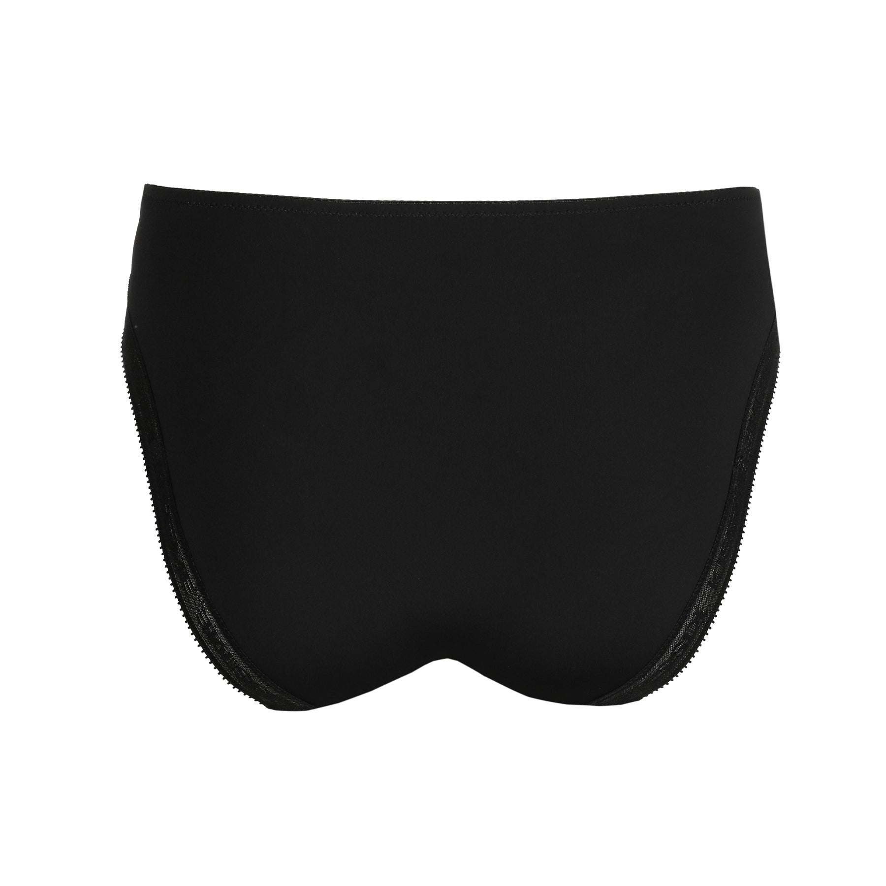 Back view of black bikini briefs with a smooth opaque back panel and clean, seamless edges.