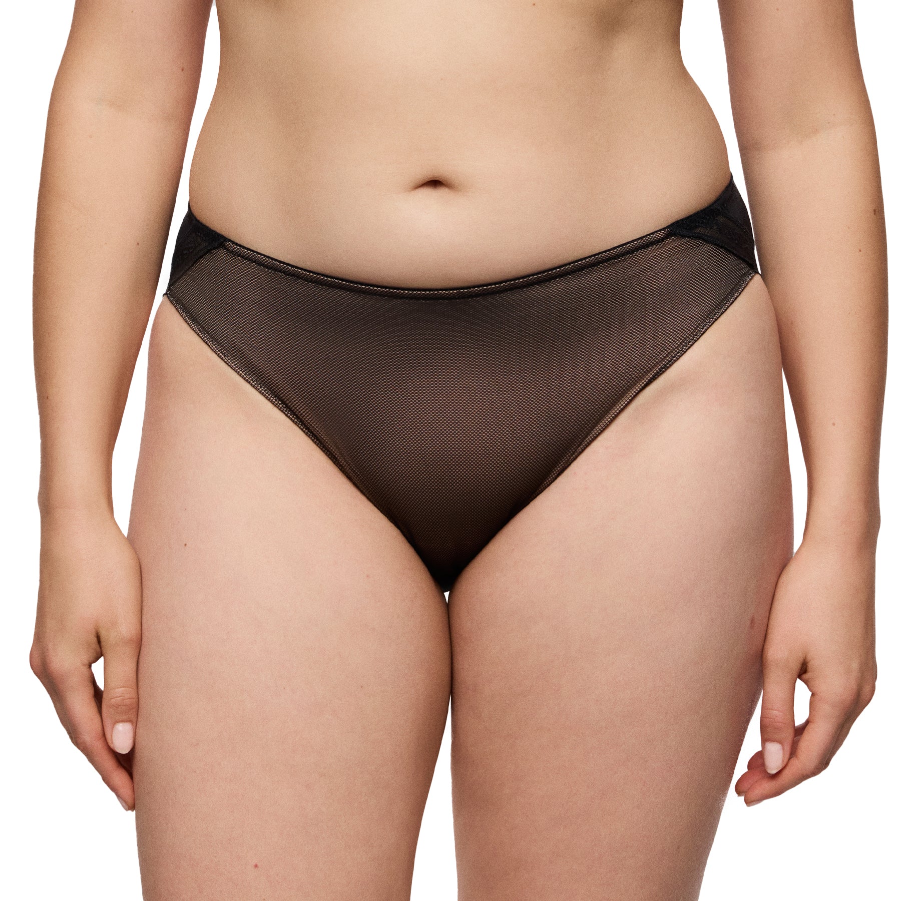 Front view of black mesh bikini briefs worn on the body, showing a flattering mid-rise fit and sheer texture.