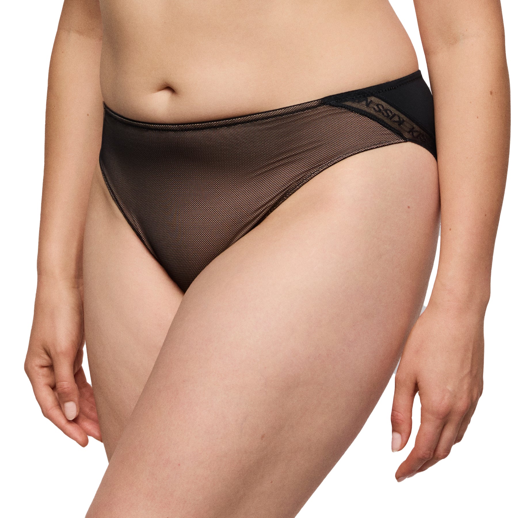 Angled front view of black mesh bikini briefs highlighting the semi-sheer fabric and comfortable leg openings.