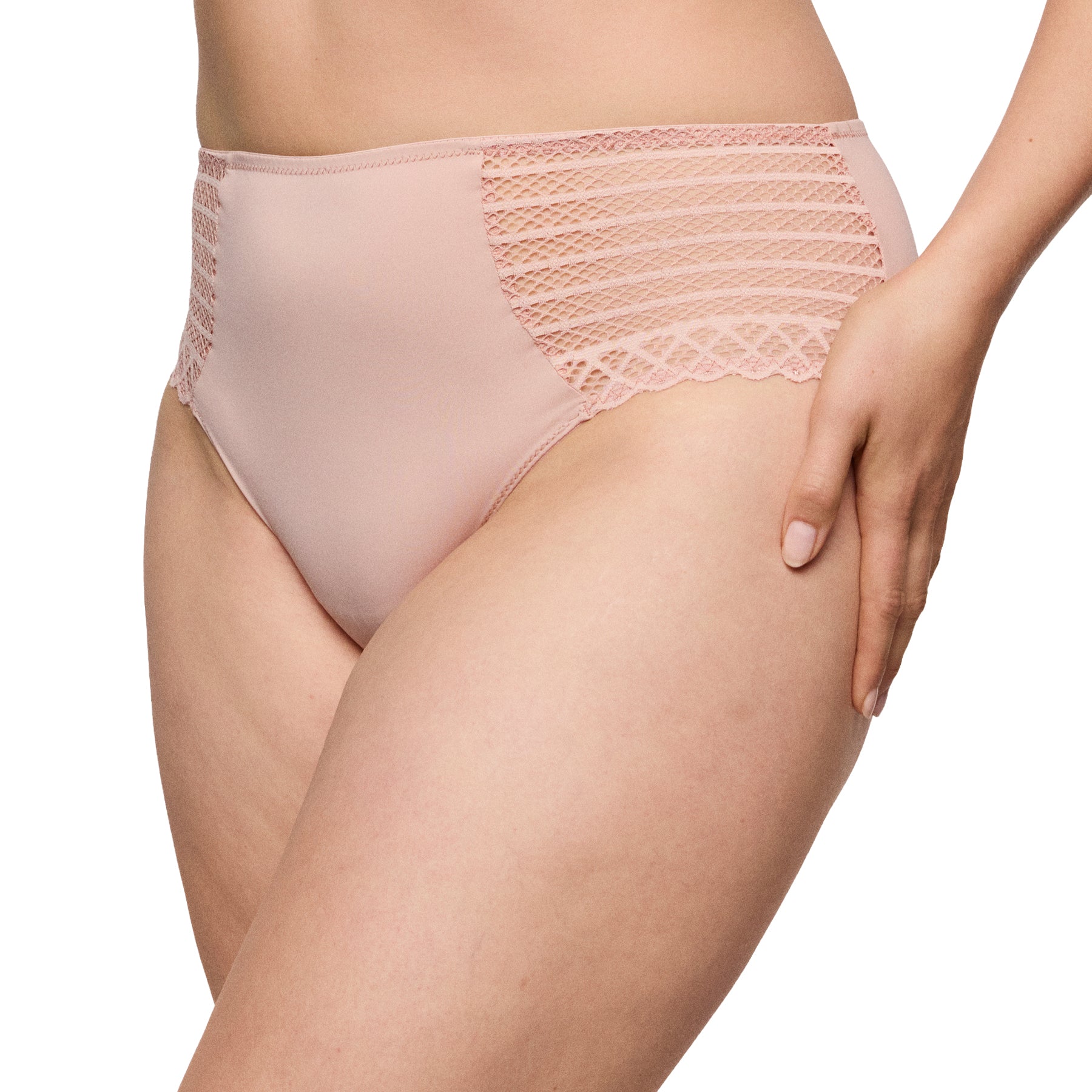 Angled front view of PrimaDonna full brief in Powder Rose showcasing the smooth full-coverage fit, soft microfiber fabric, and decorative geometric lace side panels with scalloped trim.