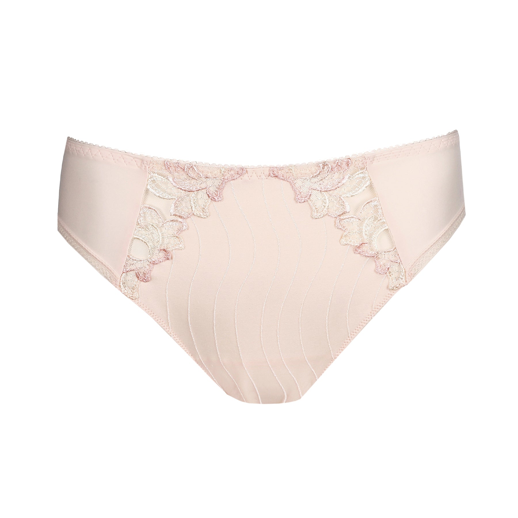 Front view of a nude mid-rise brief laid flat on a white background, featuring delicate lace panels and subtle stitched detailing.