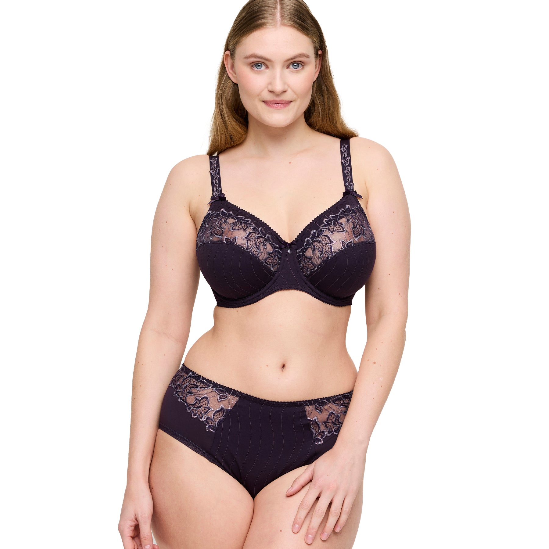 Front view of model wearing embroidered full brief panty in deep plum with matching full cup bra.