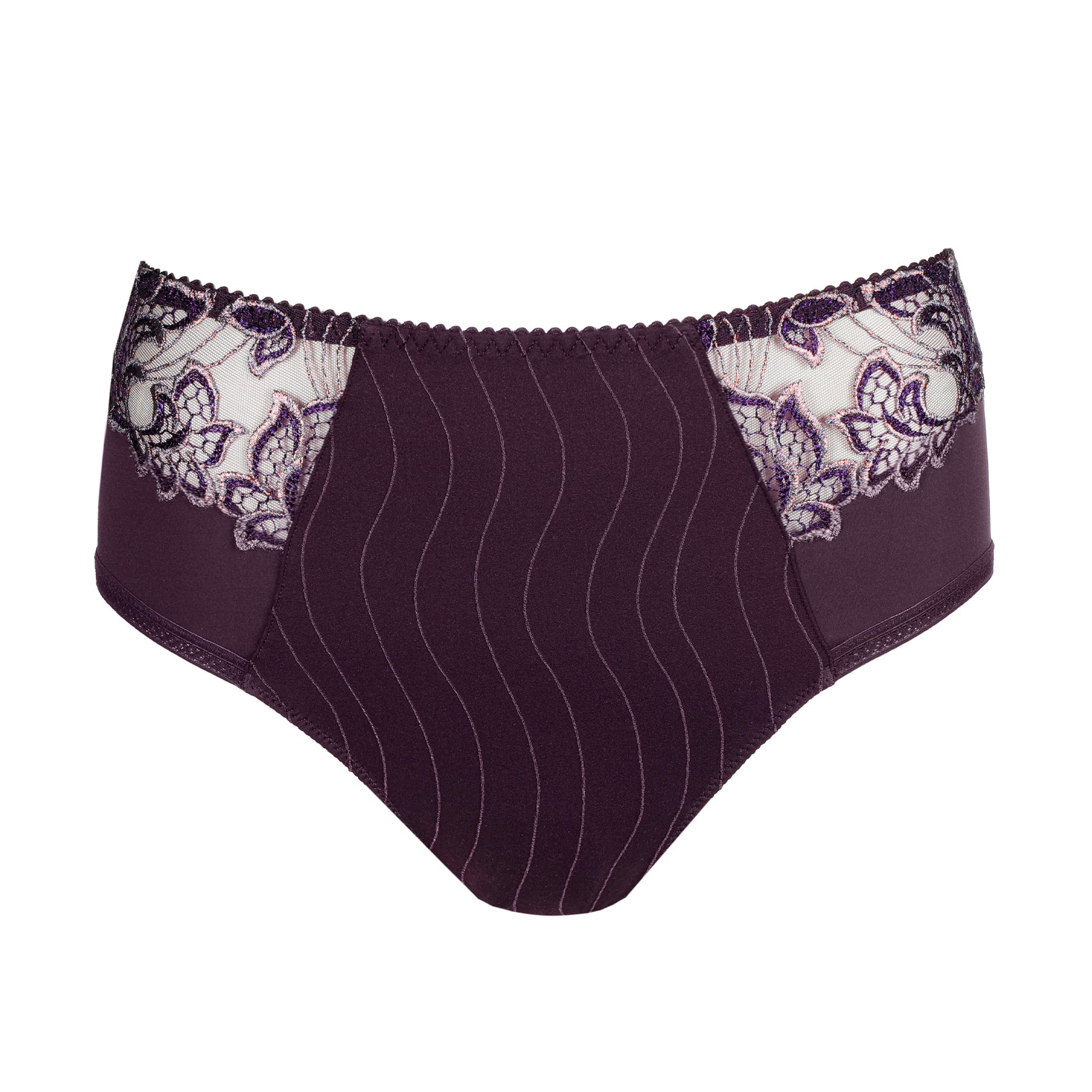 Studio shot of embroidered full brief in deep plum, showcasing sheer floral panels and wave stitching.