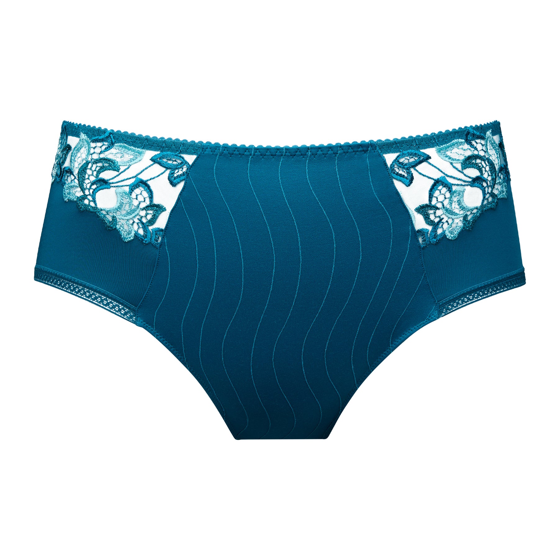 PrimaDonna Deauville full brief in Peacock blue with floral embroidered lace panels, front product image
