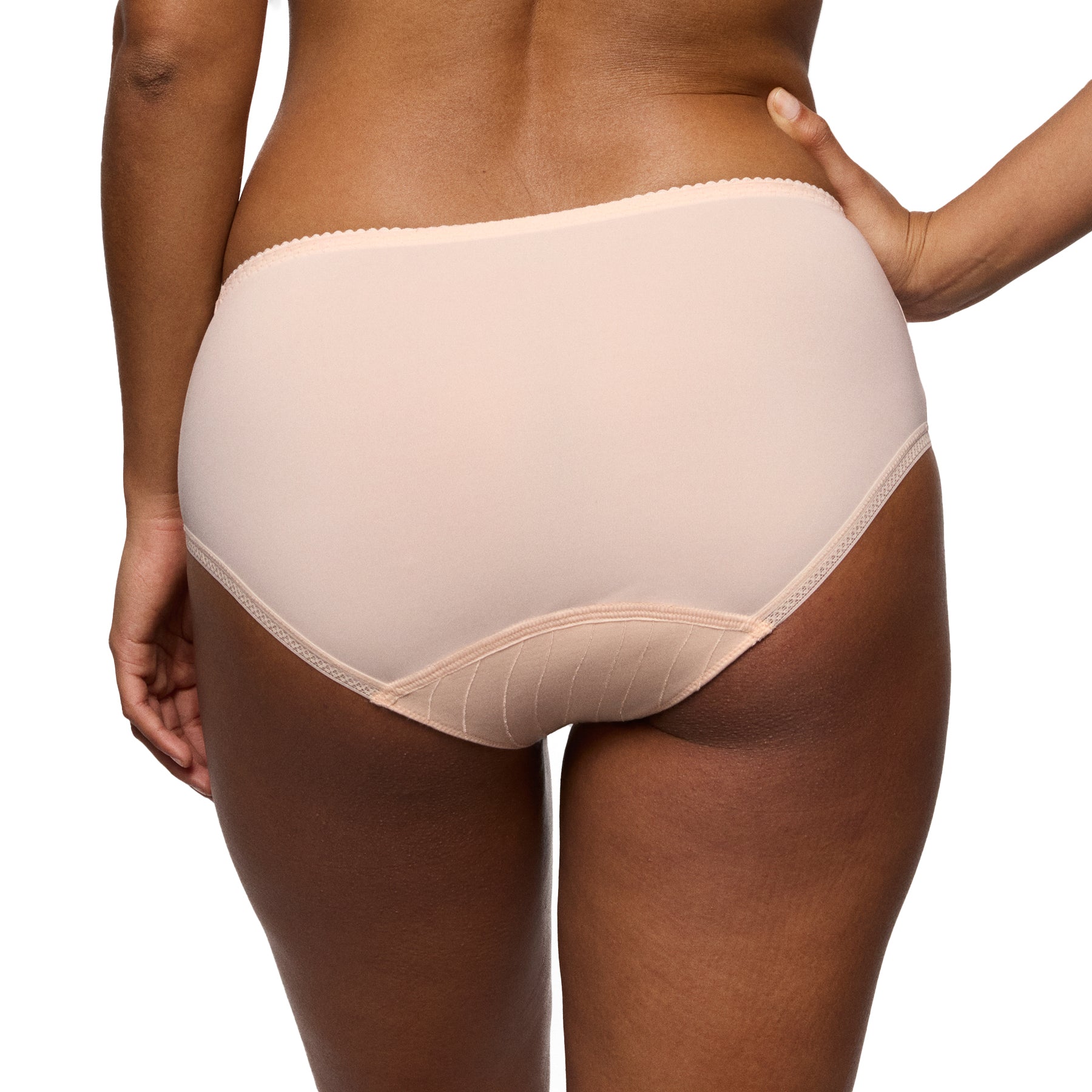 Back view of a blush full brief featuring smooth fabric, clean finishes, and a comfortable, supportive fit.
