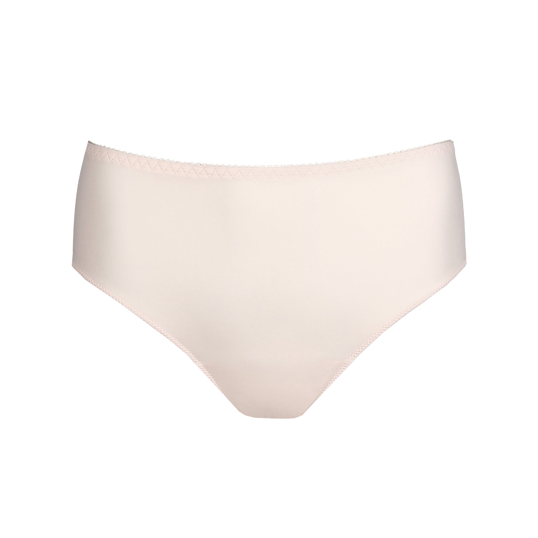 Front view of a nude high-waisted full brief laid flat on a white background, showcasing a minimalist, smooth design.