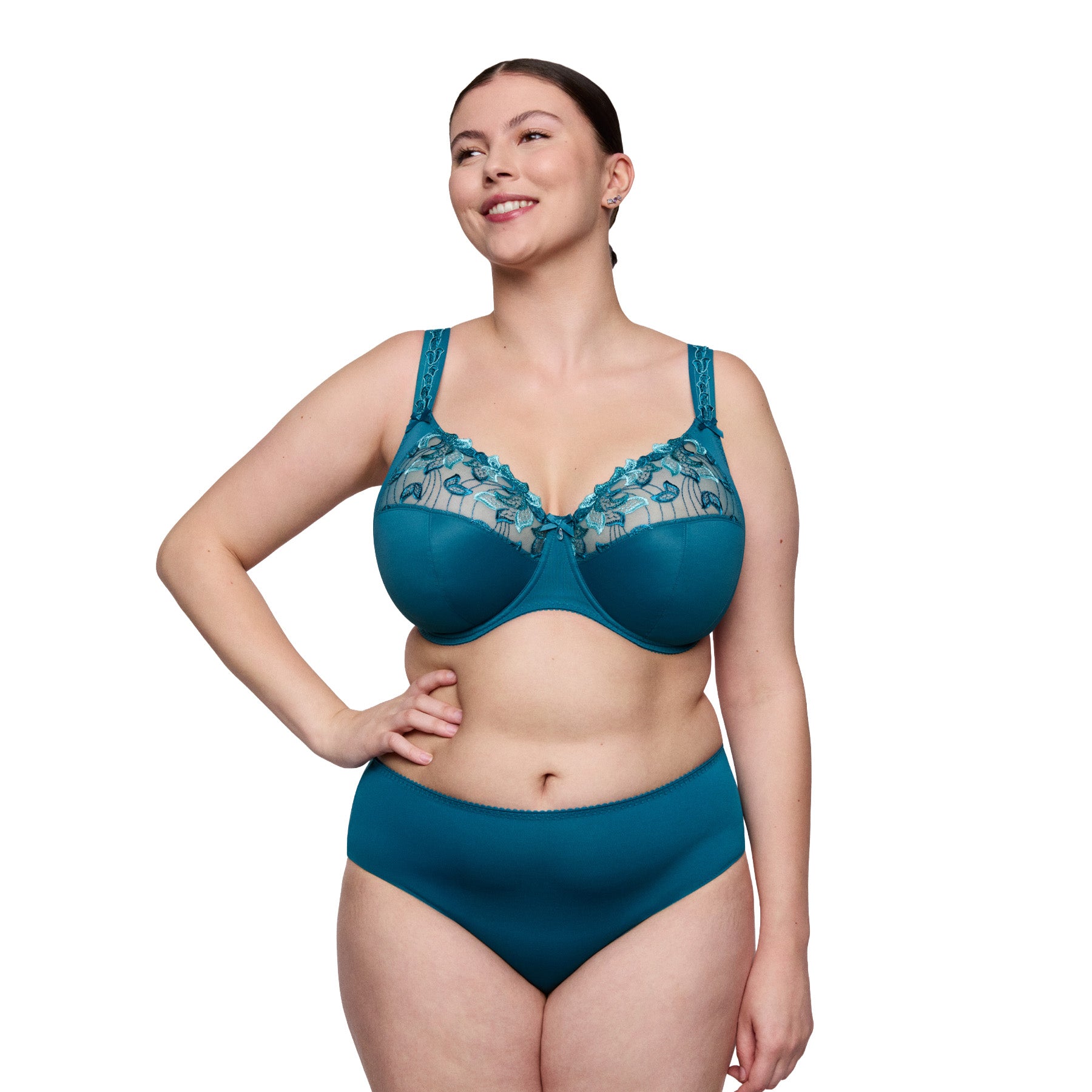 PrimaDonna Deauville full cup bra with matching full brief in Peacock blue on model, front view