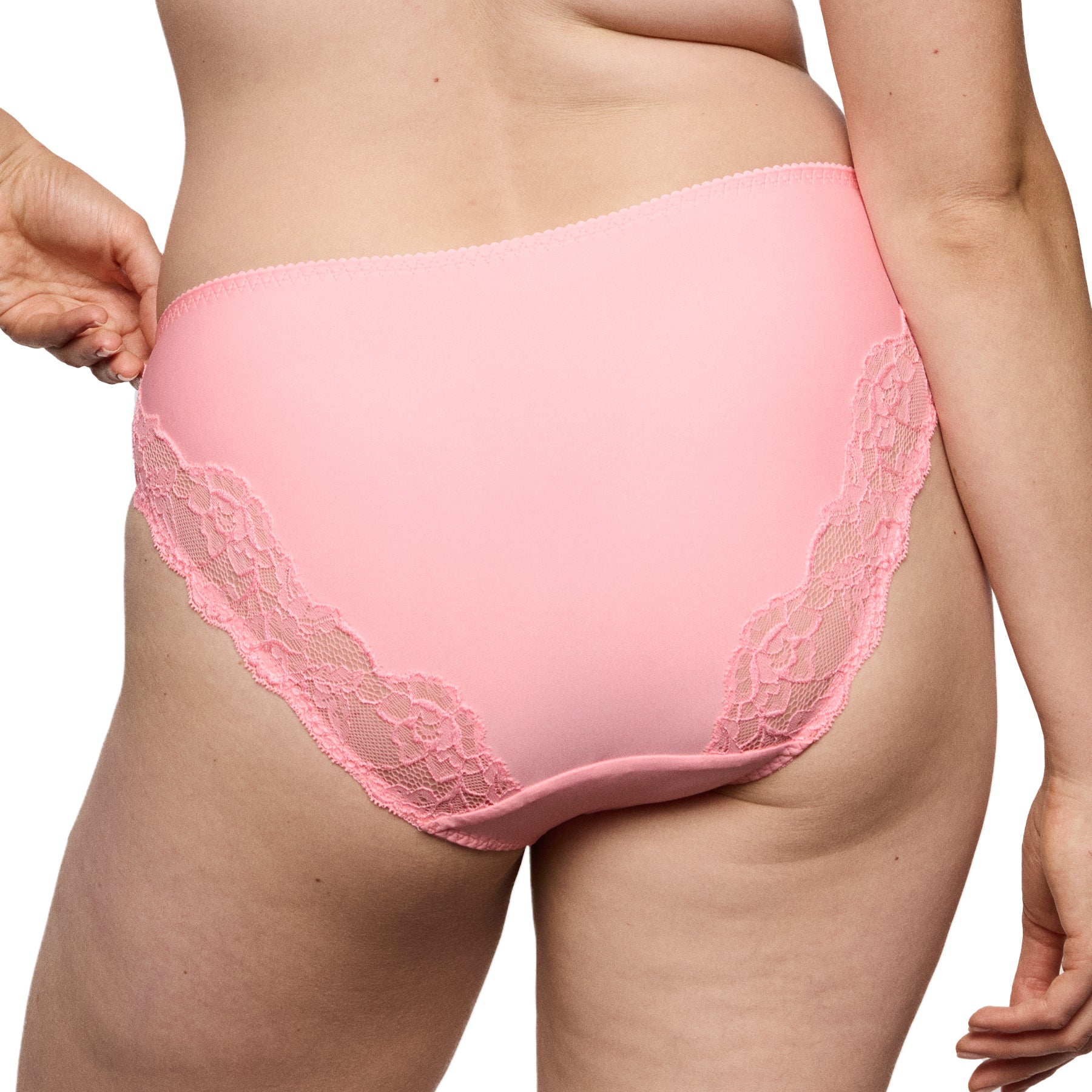 Back view of pink lace-trim brief with smooth fabric and floral lace side panels