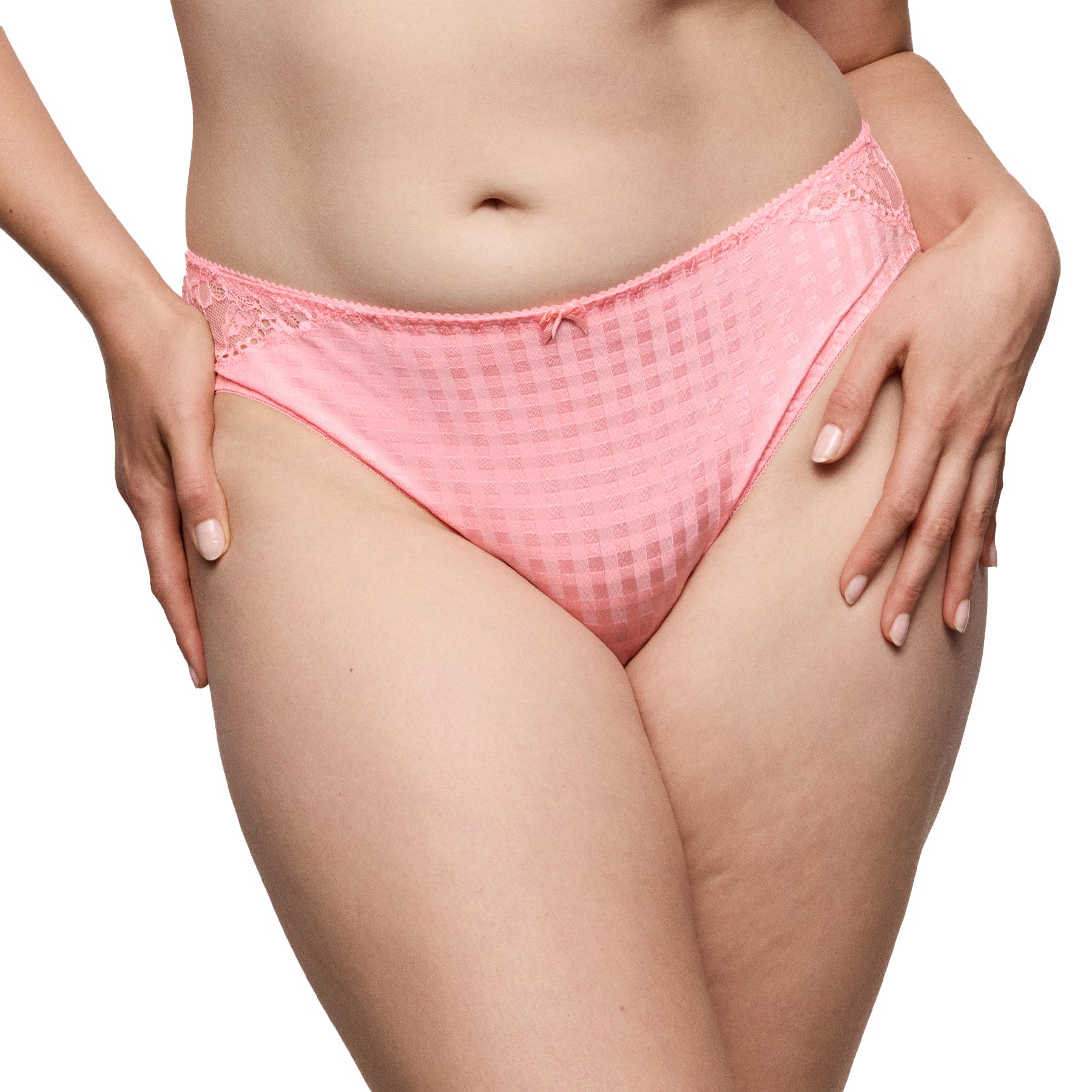 Woman wearing pink bikini brief with check pattern fabric and delicate lace accents