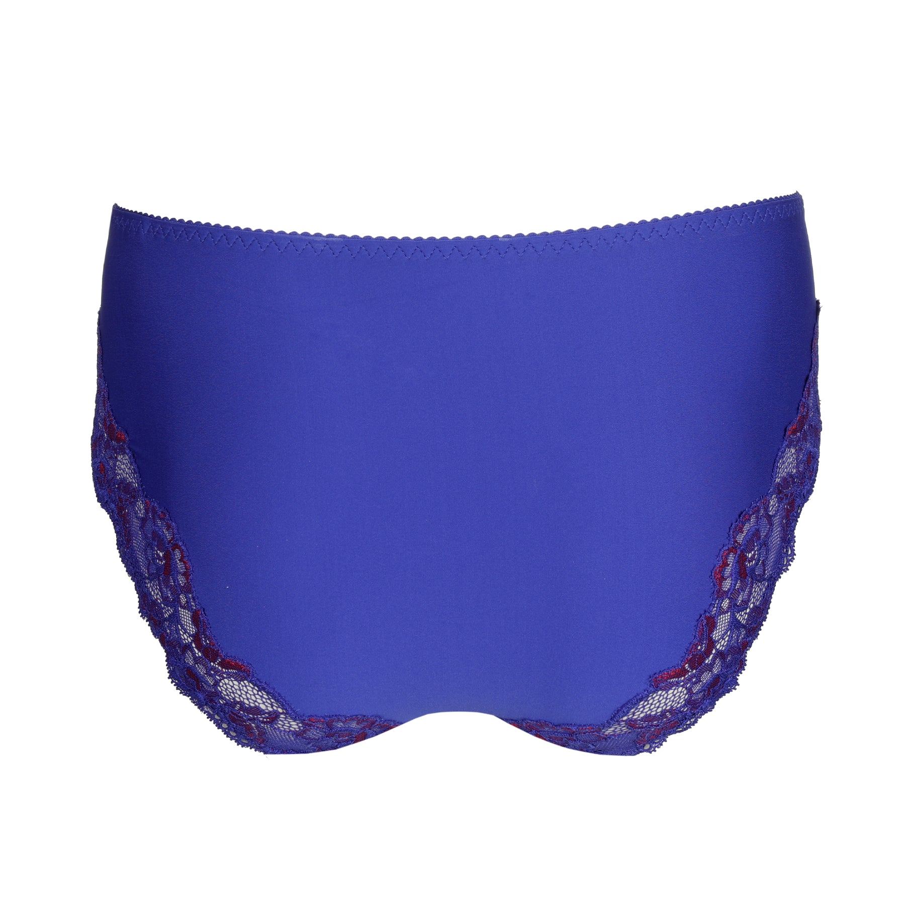 Back view of blue full brief featuring smooth fabric and lace accents at the leg openings.