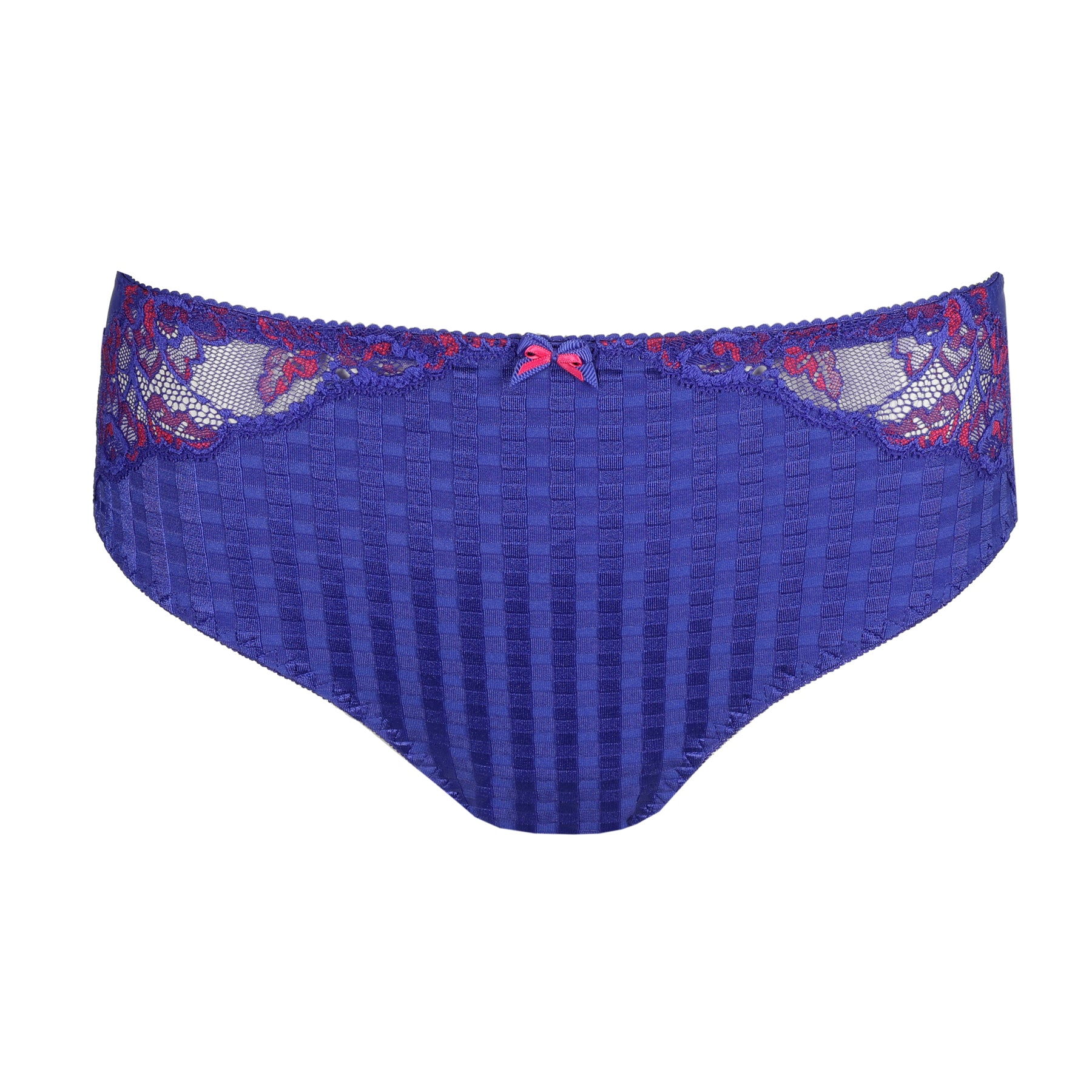 Front view of blue full brief with check pattern and embroidered fuchsia lace along the waistband.