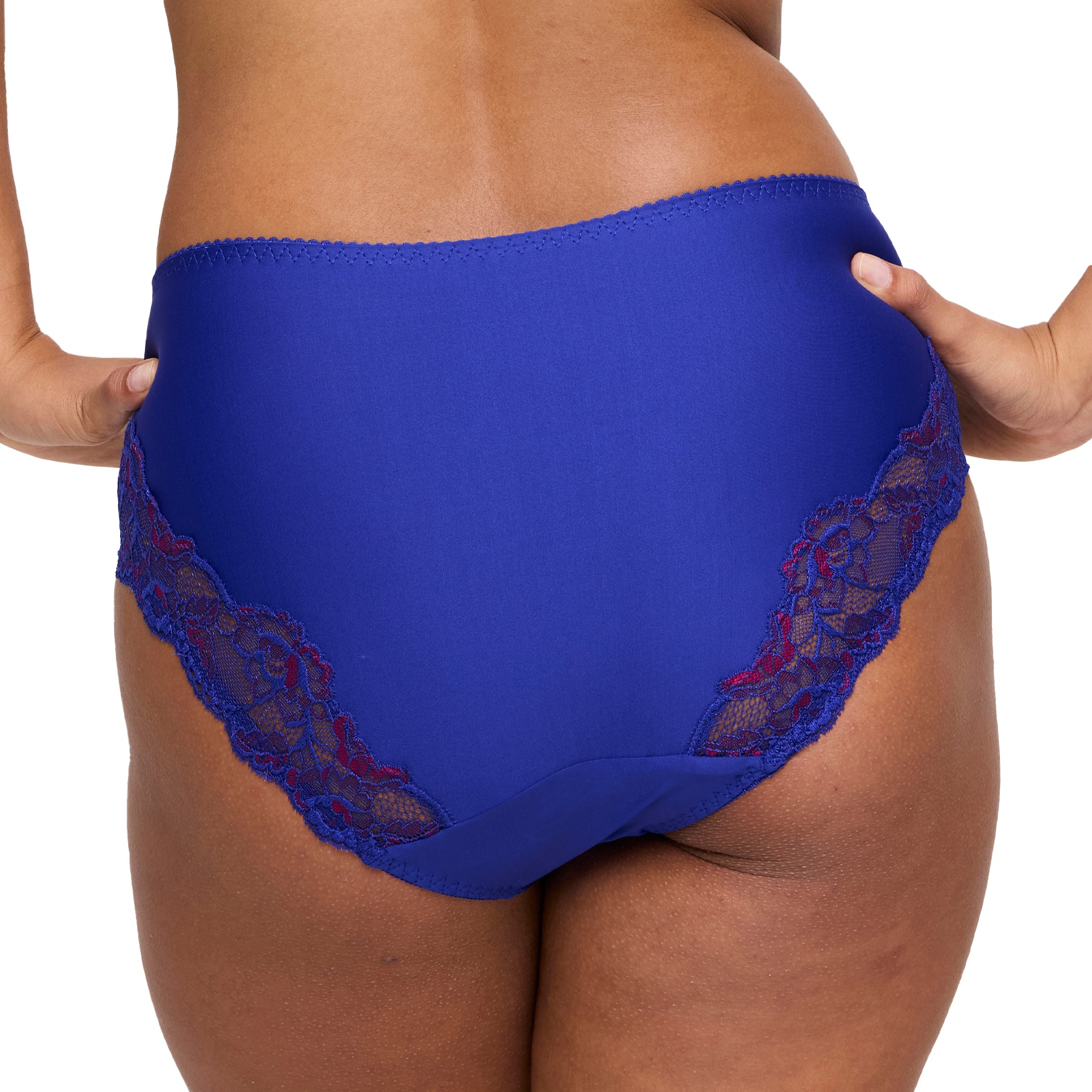 Back view of blue full brief on model with sheer lace detailing at the leg openings.
