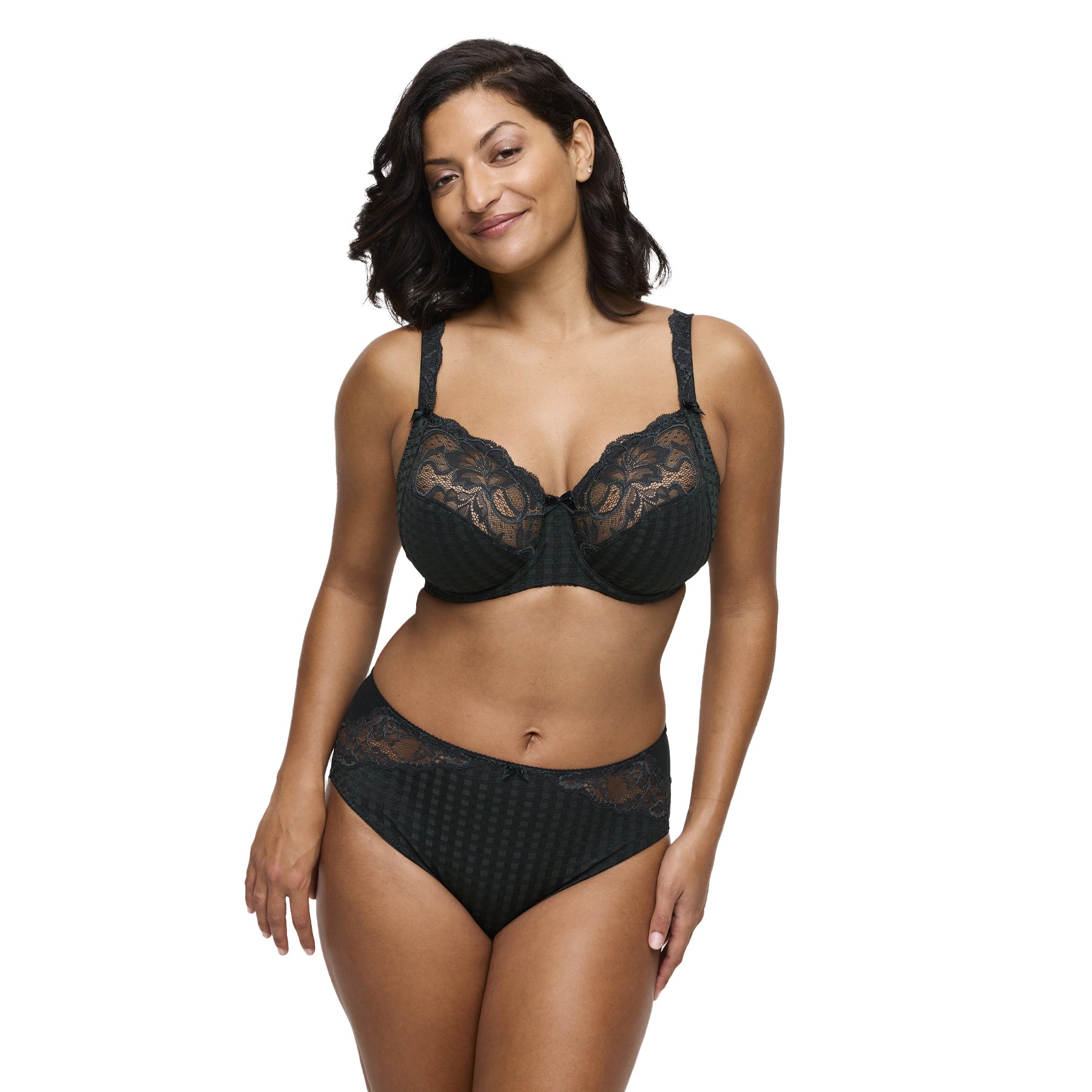 Woman wearing PrimaDonna Madison deep green lace full brief with matching bra, front view.
