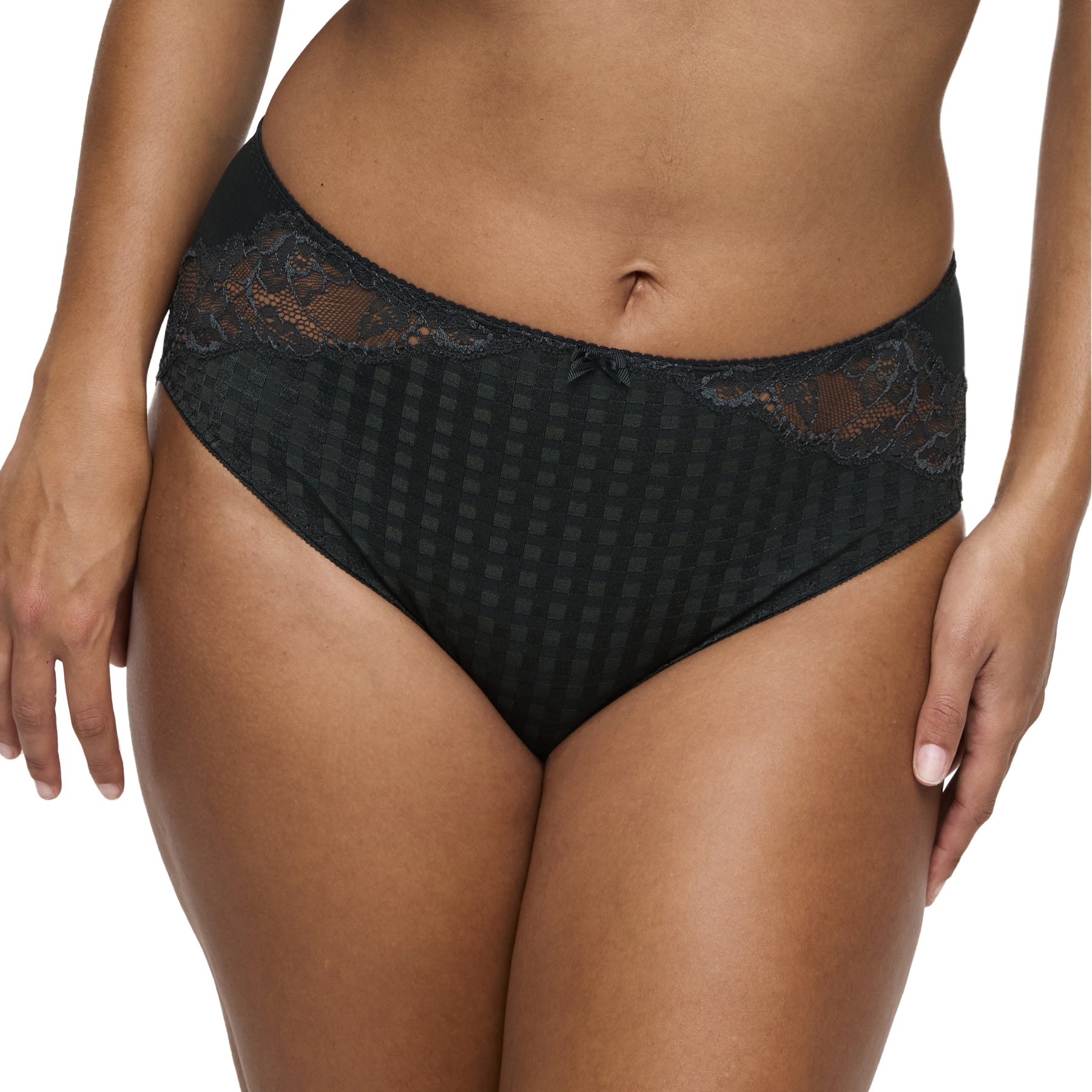 Close-up front view of PrimaDonna Madison full brief in deep green with lace detail at waistband.