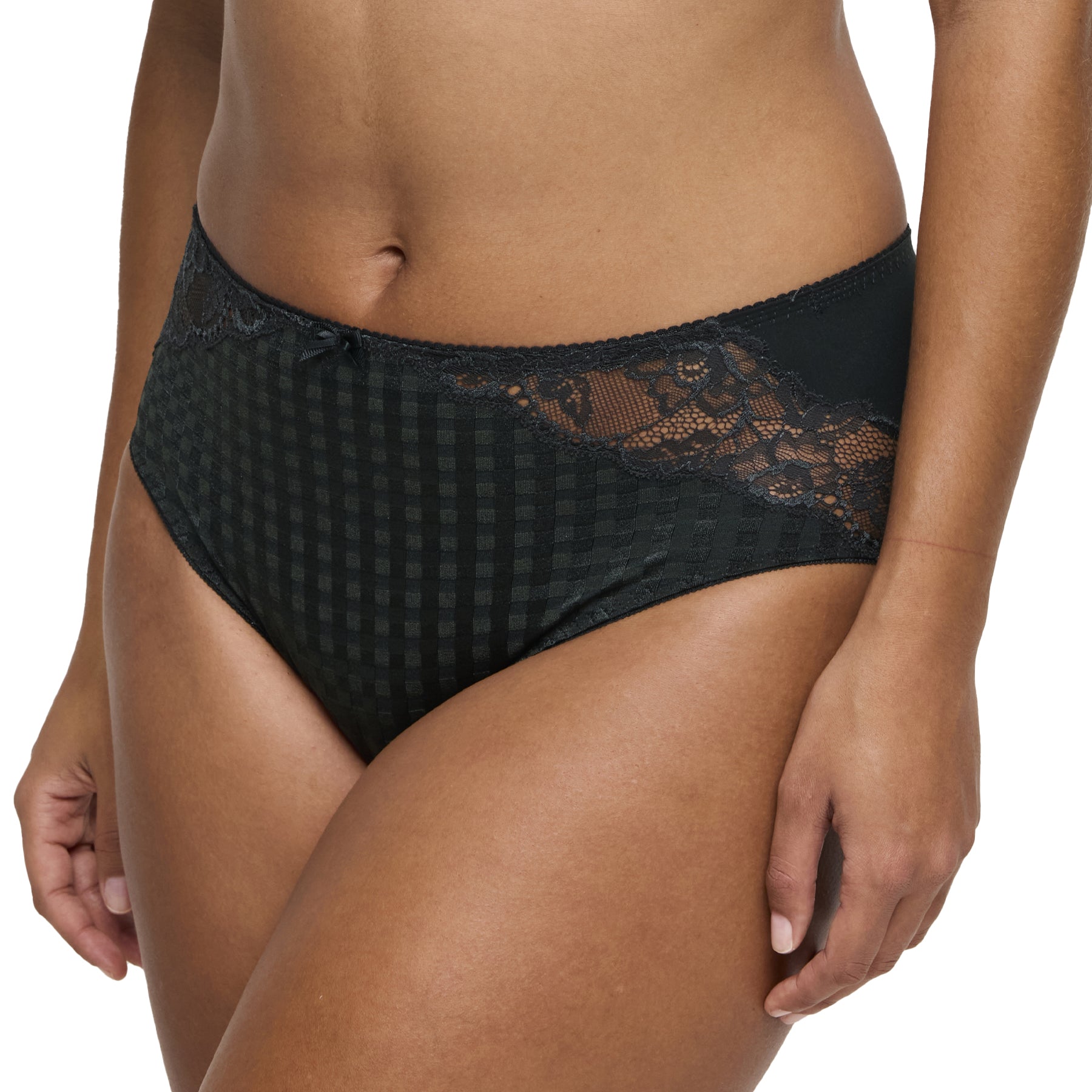 Side view of PrimaDonna Madison deep green lace full brief highlighting floral lace panels.