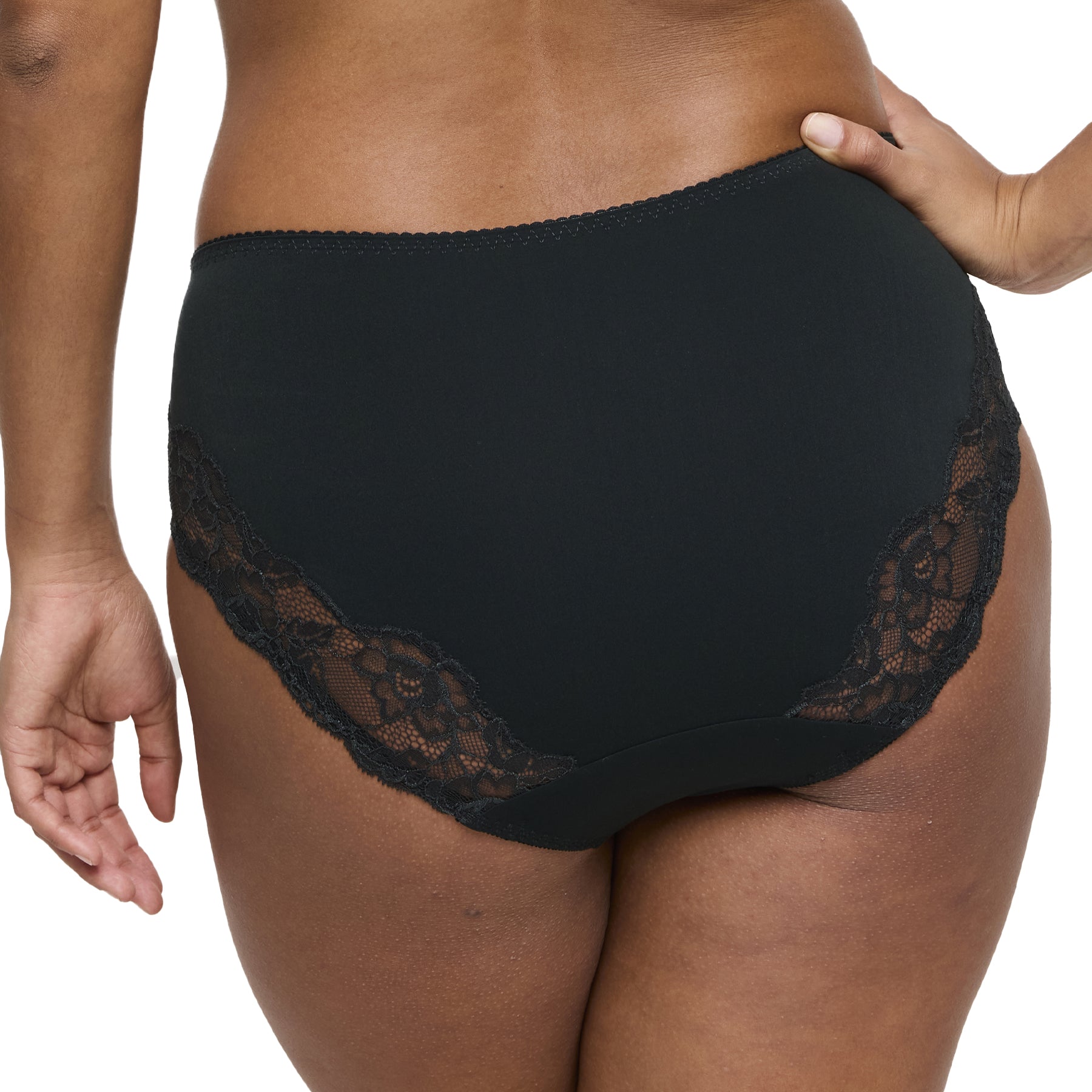 Back view of PrimaDonna Madison full brief in deep green with lace edging at leg openings.